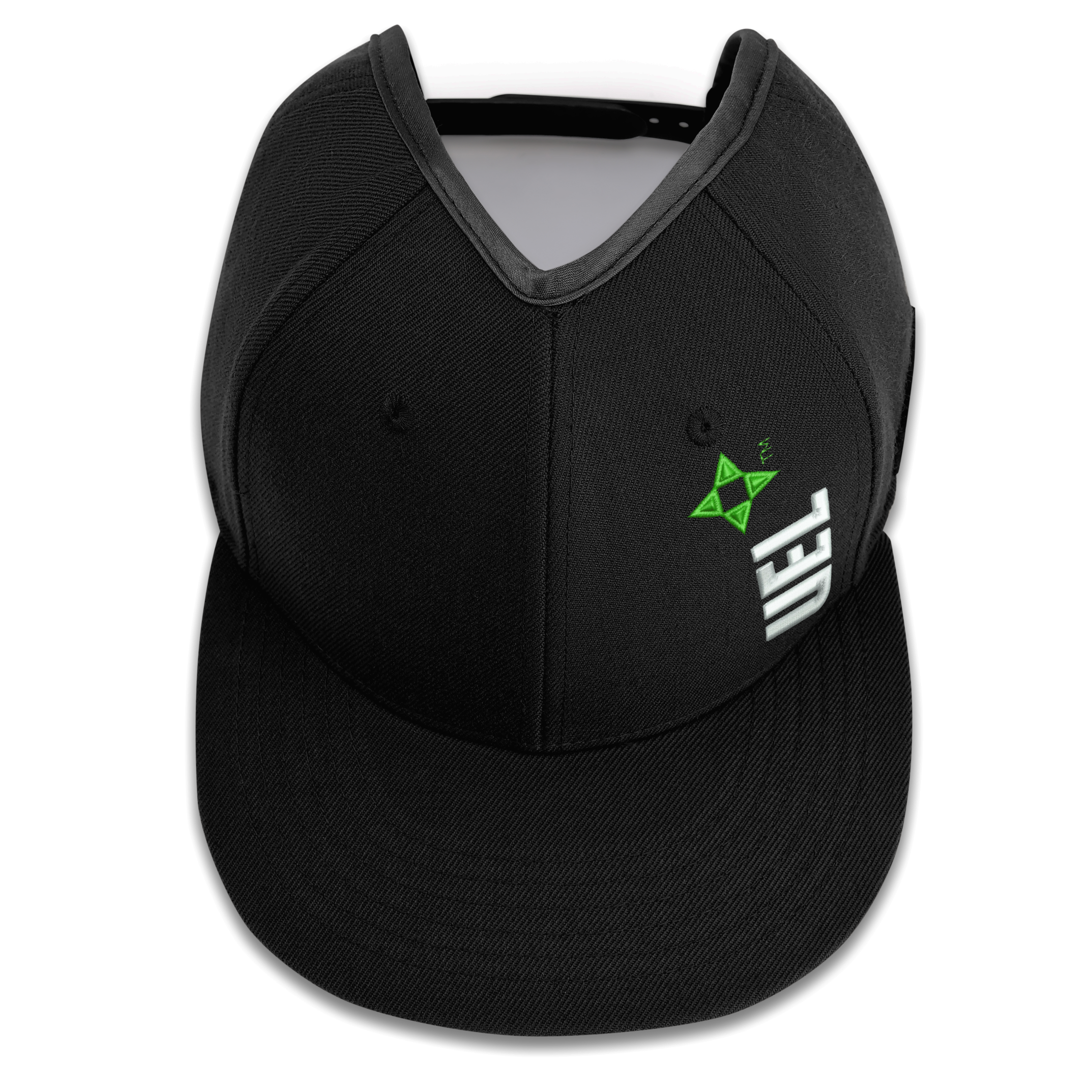 Black UEL GZO SNAP viewed from the front, with flat bill, UEL logo, and PISTIL crown opening.