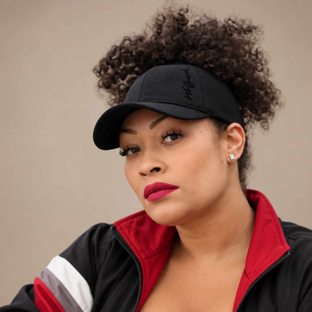 Woman with curly hair wearing a black Rosebloom open-top cap with her hair gathered above the crown.