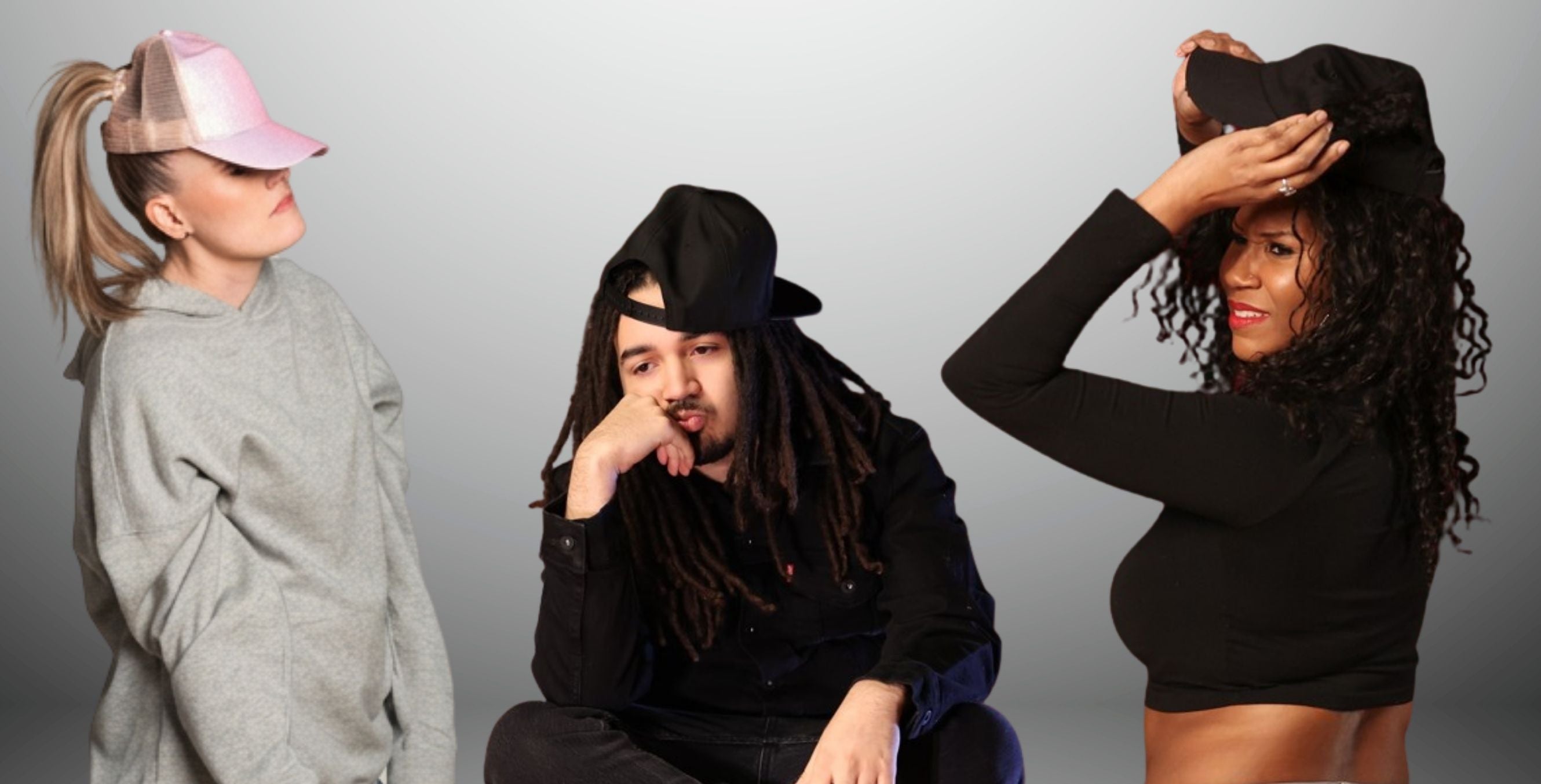 Before comparison image showing poor hat fit across three styles: a generic ponytail cap on a high ponytail, an ill-fitting snapback on freeform hair, and an ill-fitting generic ponytail hat on textured hair.