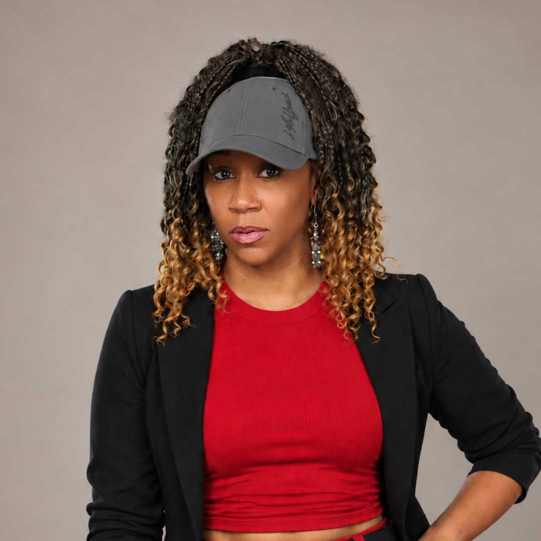 Woman with curly highlighted hair wearing a gray open-top cap, red top, and black blazer against a neutral studio background.
