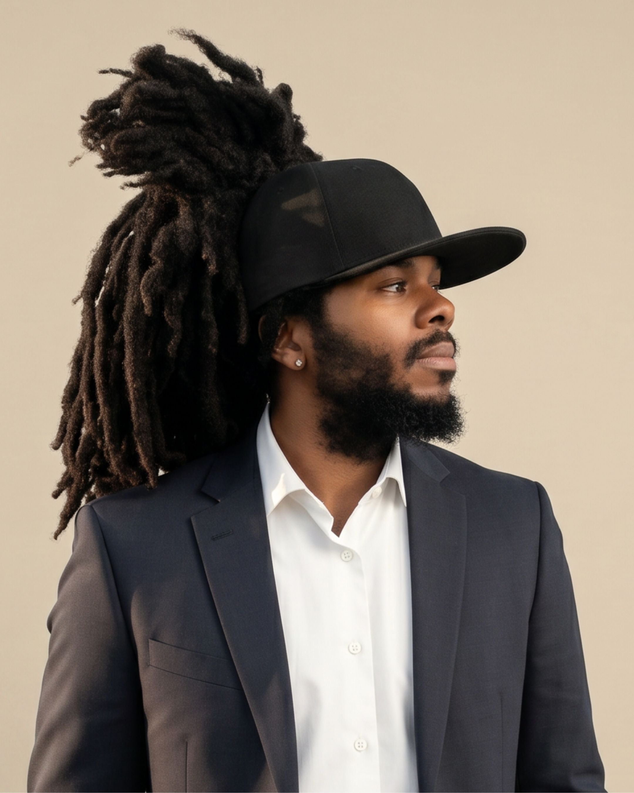 Model wearing a black Rosebloom GZO STRETCH with freeform locs pulled through the crown opening, shown in right profile and styled with a dark suit for a polished editorial look.