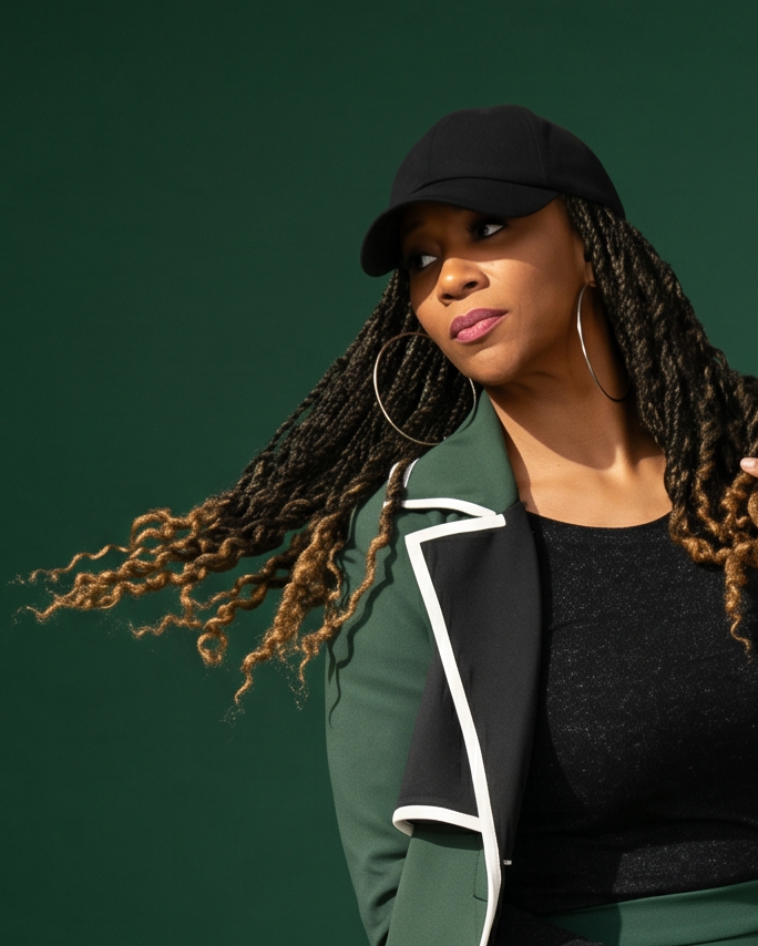 Close-up portrait of a model wearing a black Rosebloom HLO, styled with long textured hair and a green suit against a green studio background