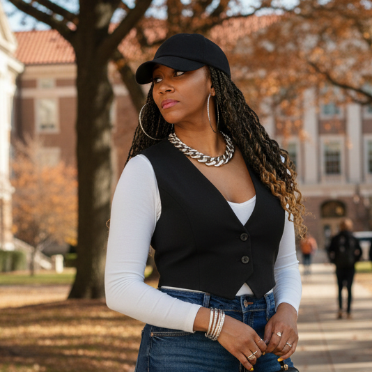 Lifestyle portrait of a model wearing the black Rosebloom HLO, styled with textured hair, hoop earrings, and layered fall fashion in an outdoor setting.