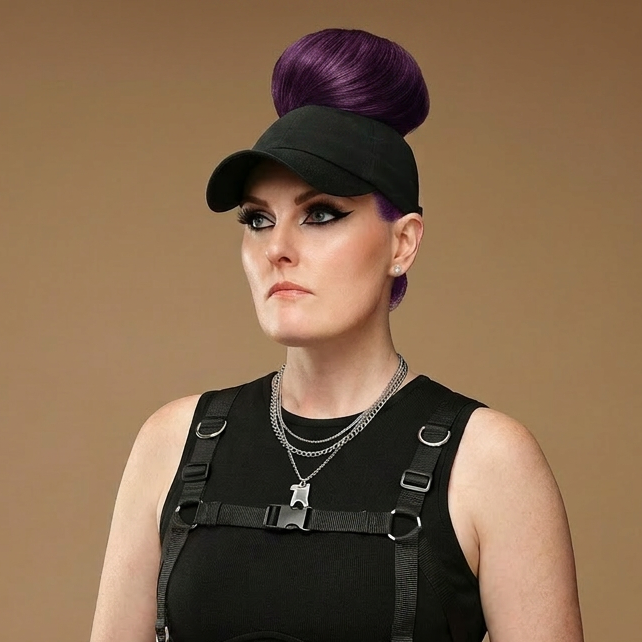 Editorial portrait of a model wearing a black Rosebloom PNT high ponytail hat with a sleek purple ponytail pulled through the crown opening, styled in an all-black fashion look.