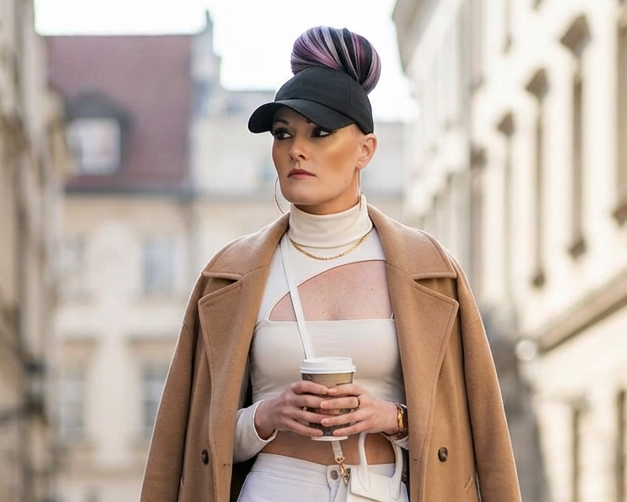 Full-length street style image of a model wearing a black Rosebloom PNT high ponytail hat with hair pulled through the crown opening.