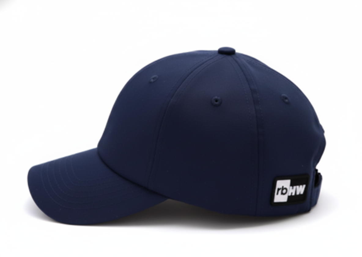 Side view of the Rosebloom NZR in blue, featuring a curved brim, smooth structured profile, and Rosebloom logo patch near the back closure.