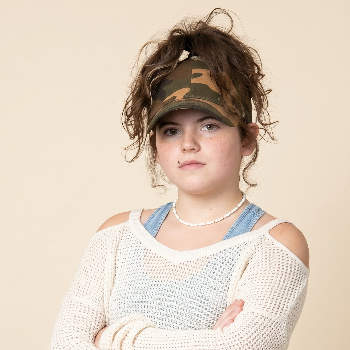 Portrait of a young model wearing a camo Rosebloom PNT high ponytail hat with hair pulled through the crown opening, styled with a cream sweater.