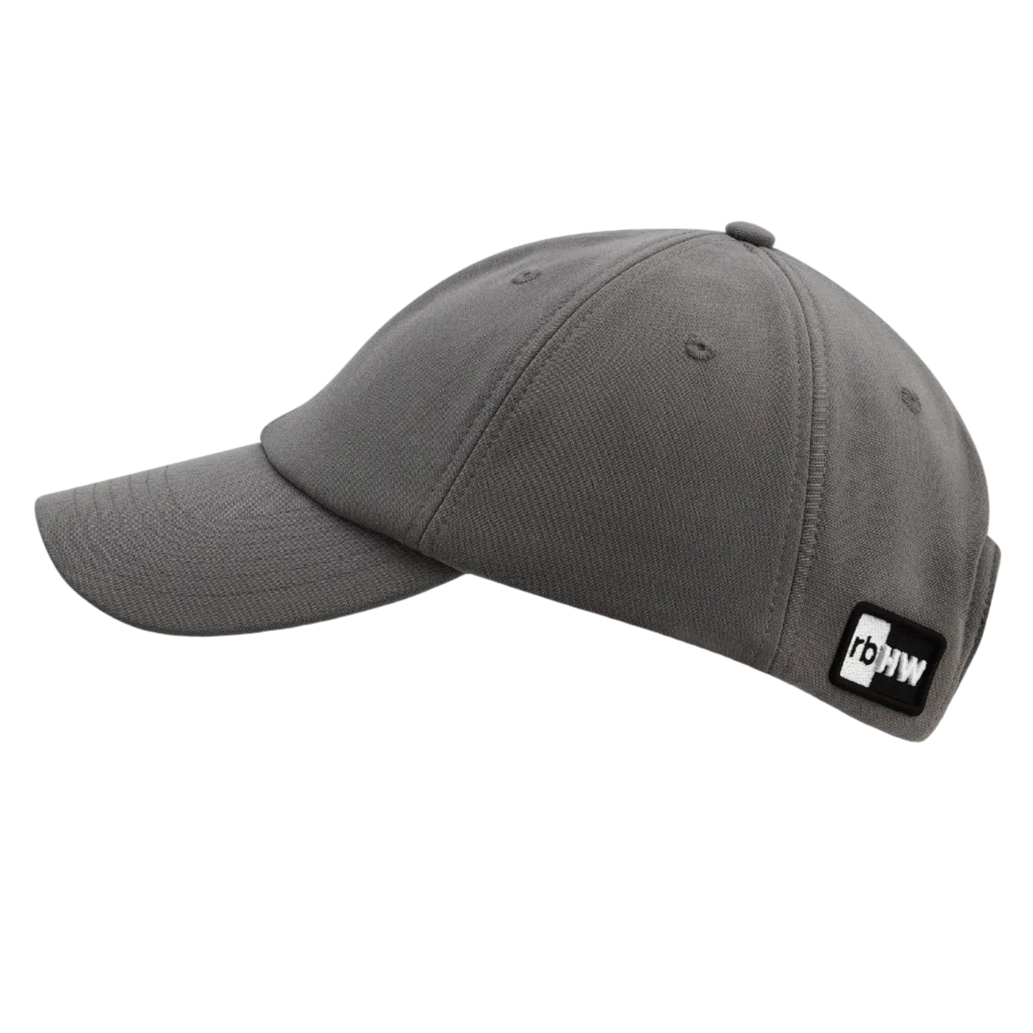 Side view of the gray Rosebloom HLO, featuring a curved brim, smooth profile, and stitched Rosebloom Headwear logo against a light gray background.