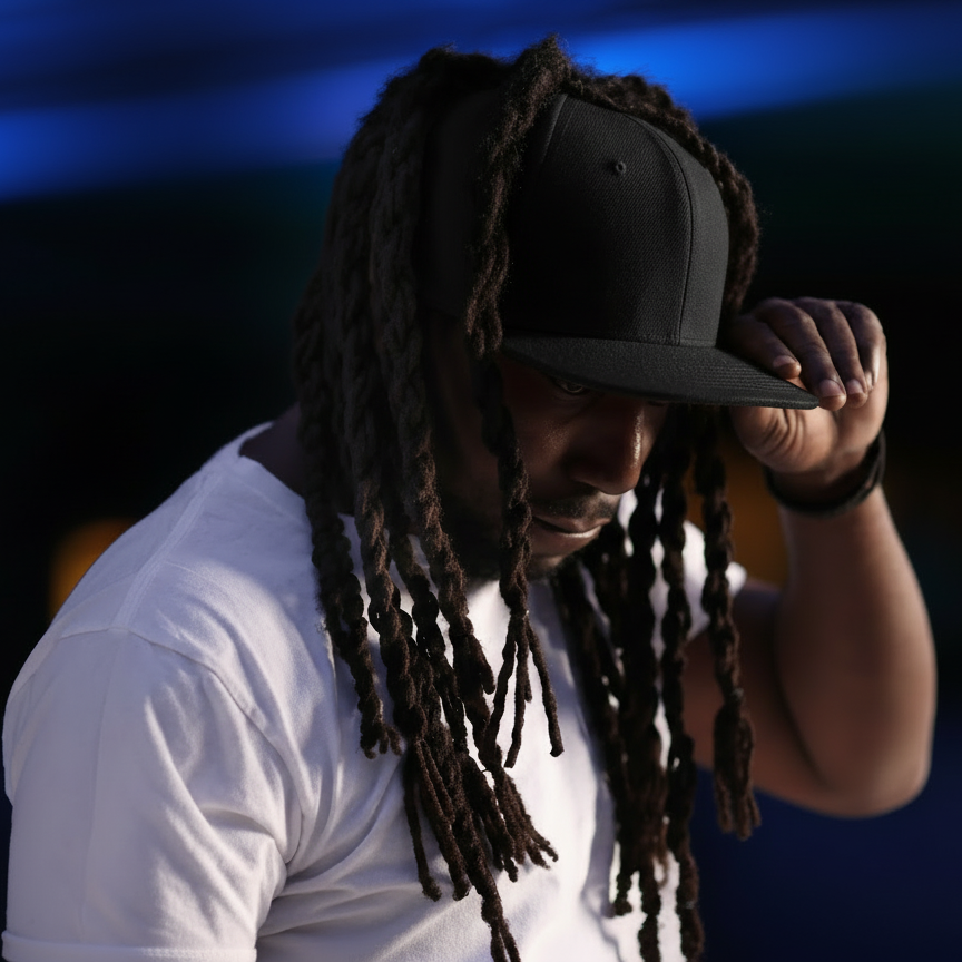 Lifestyle portrait of a model wearing a black Rosebloom GZO STRETCH with locs pulled through the crown opening, posed in a white tee against a dark blue-lit background.