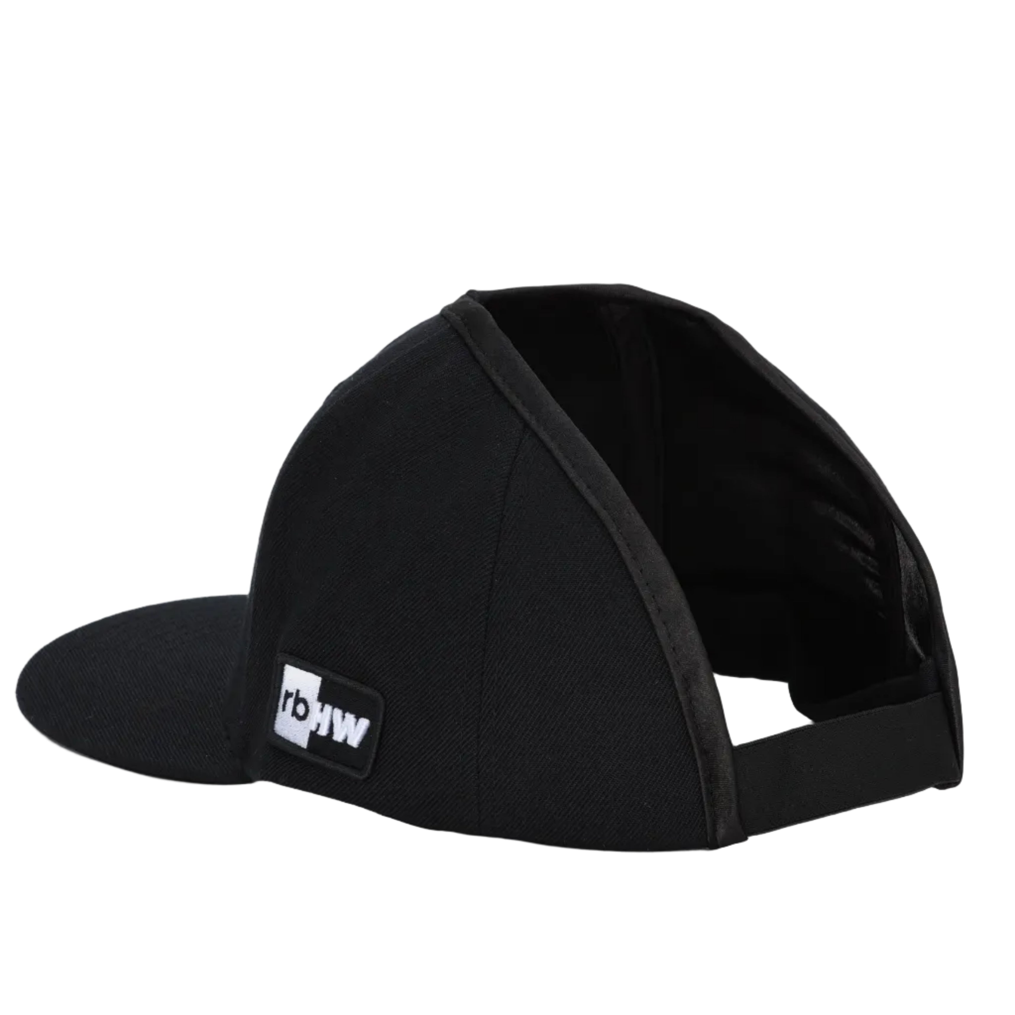 Back-angle product photo of a black Rosebloom GZO STRETCH hat showing the crown-height hair opening, curved brim, back strap, and stitched Rosebloom Headwear logo against a light gray background.