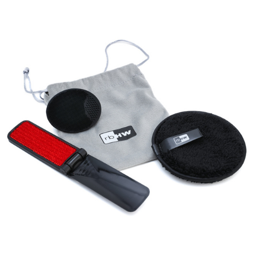 Rosebloom hat care cleaning kit with a lint brush, round cleaning brushes, and drawstring storage pouch against a light gray background.