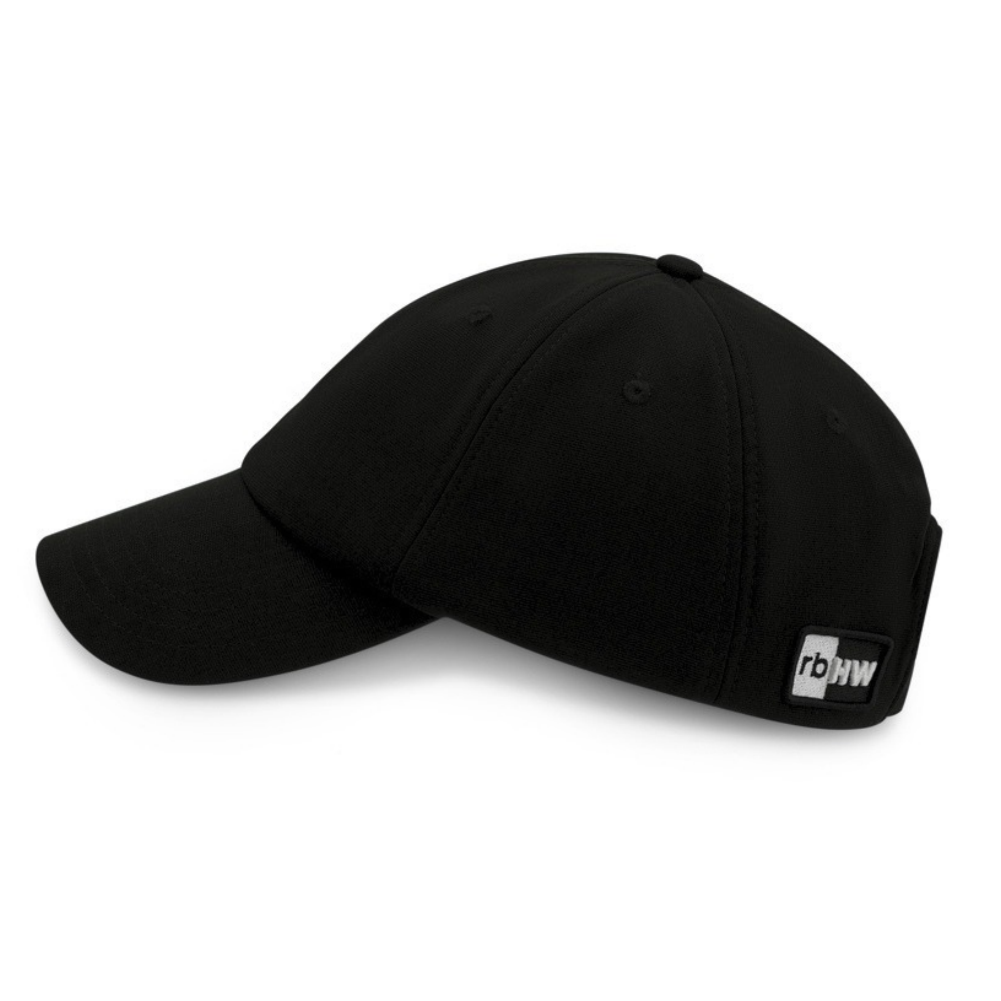 Side profile of the black Rosebloom HLO hat, showing its structured crown, bill, and closed crown.