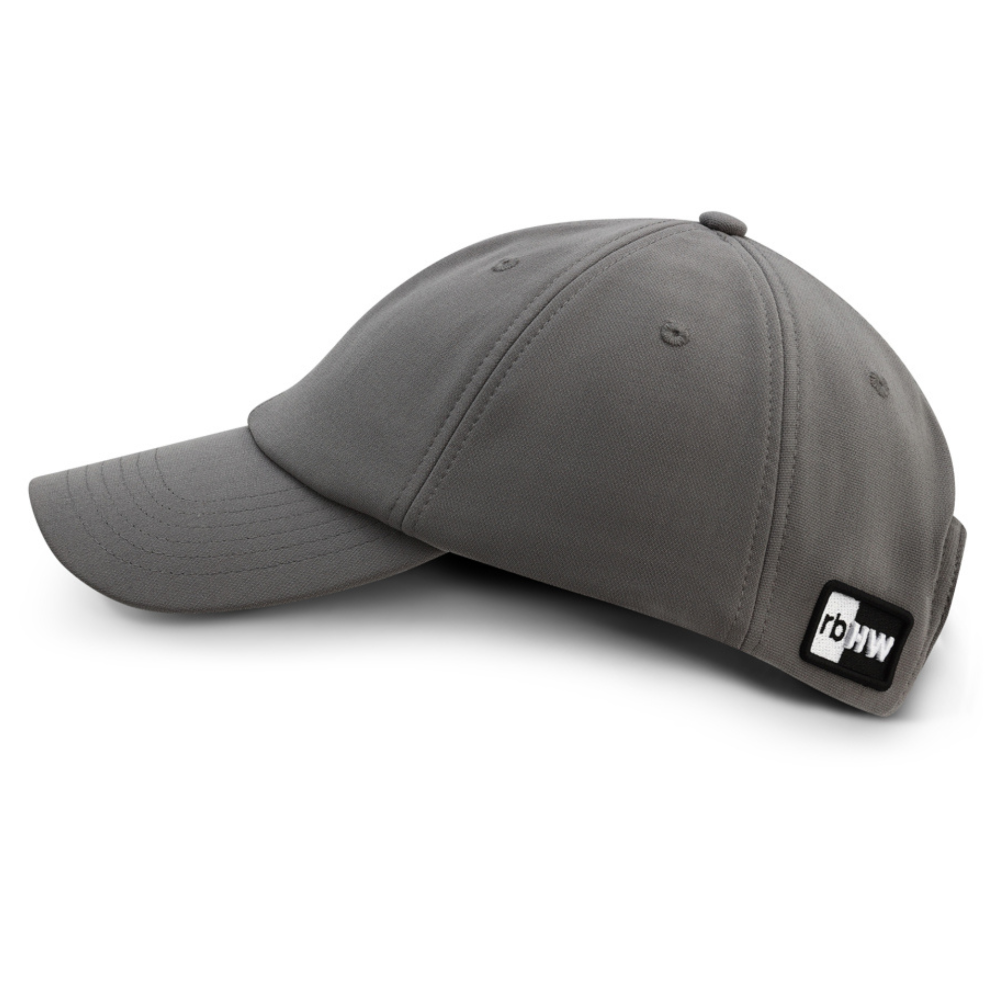 Side profile of the gray Rosebloom HLO hat, showing its structured crown, bill, and closed crown.