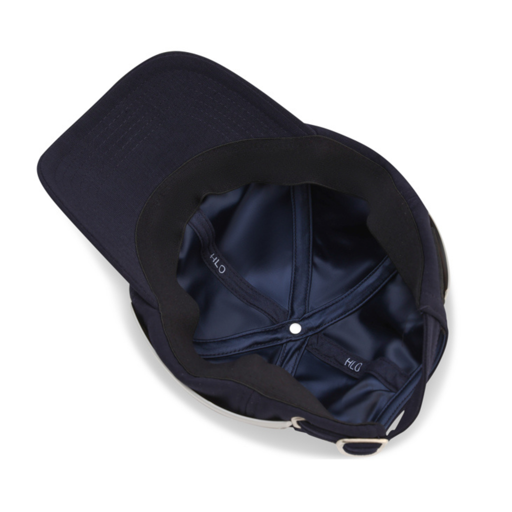 Interior view of the navy Rosebloom HLO hat, showing its smooth satin lining and closed crown.