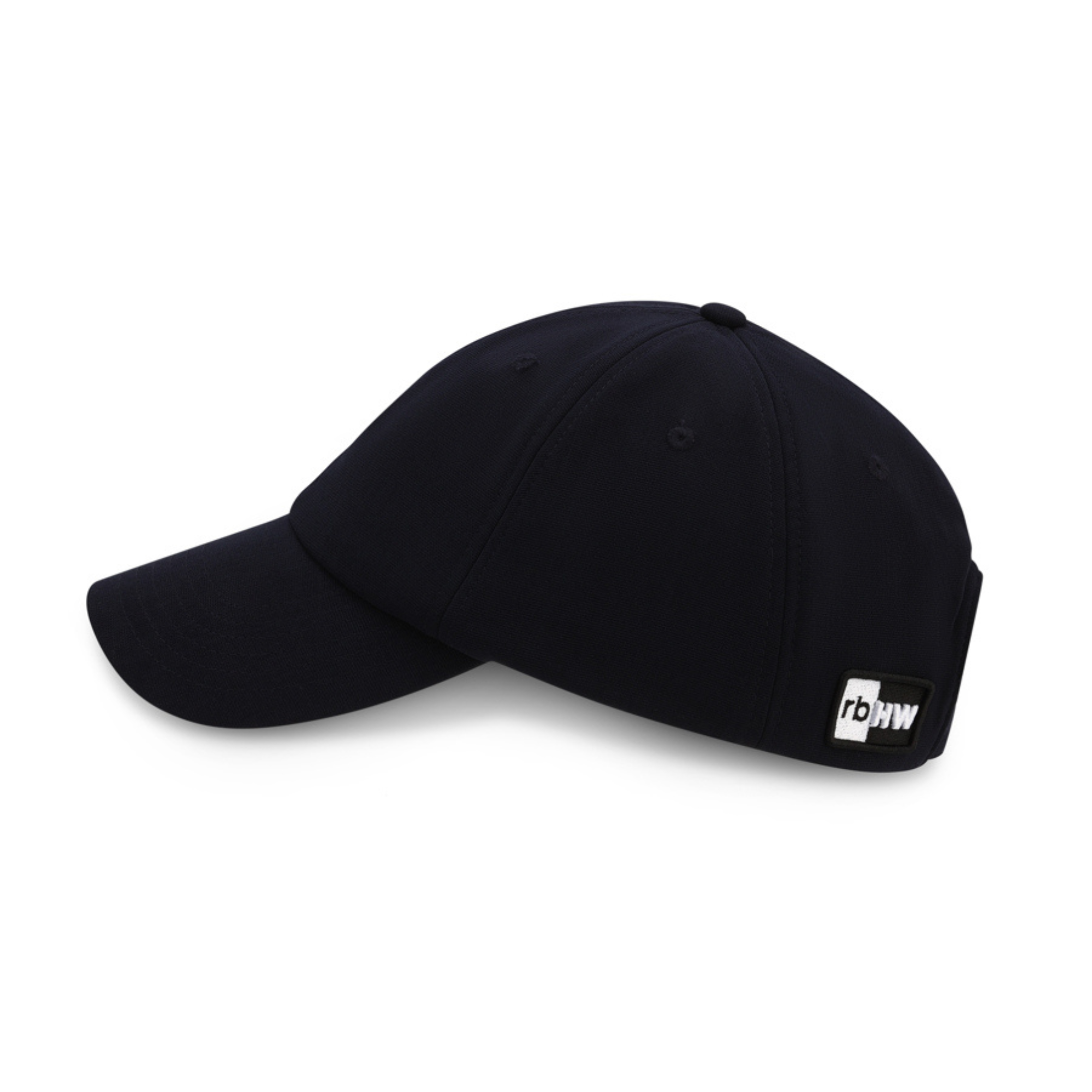 Side profile of the navy Rosebloom HLO hat, showing its structured crown, bill, and closed crown.