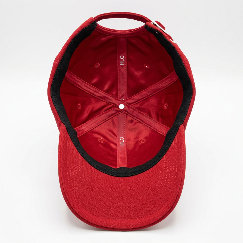 Interior view of the red Rosebloom HLO hat, showing its smooth satin lining and closed crown.