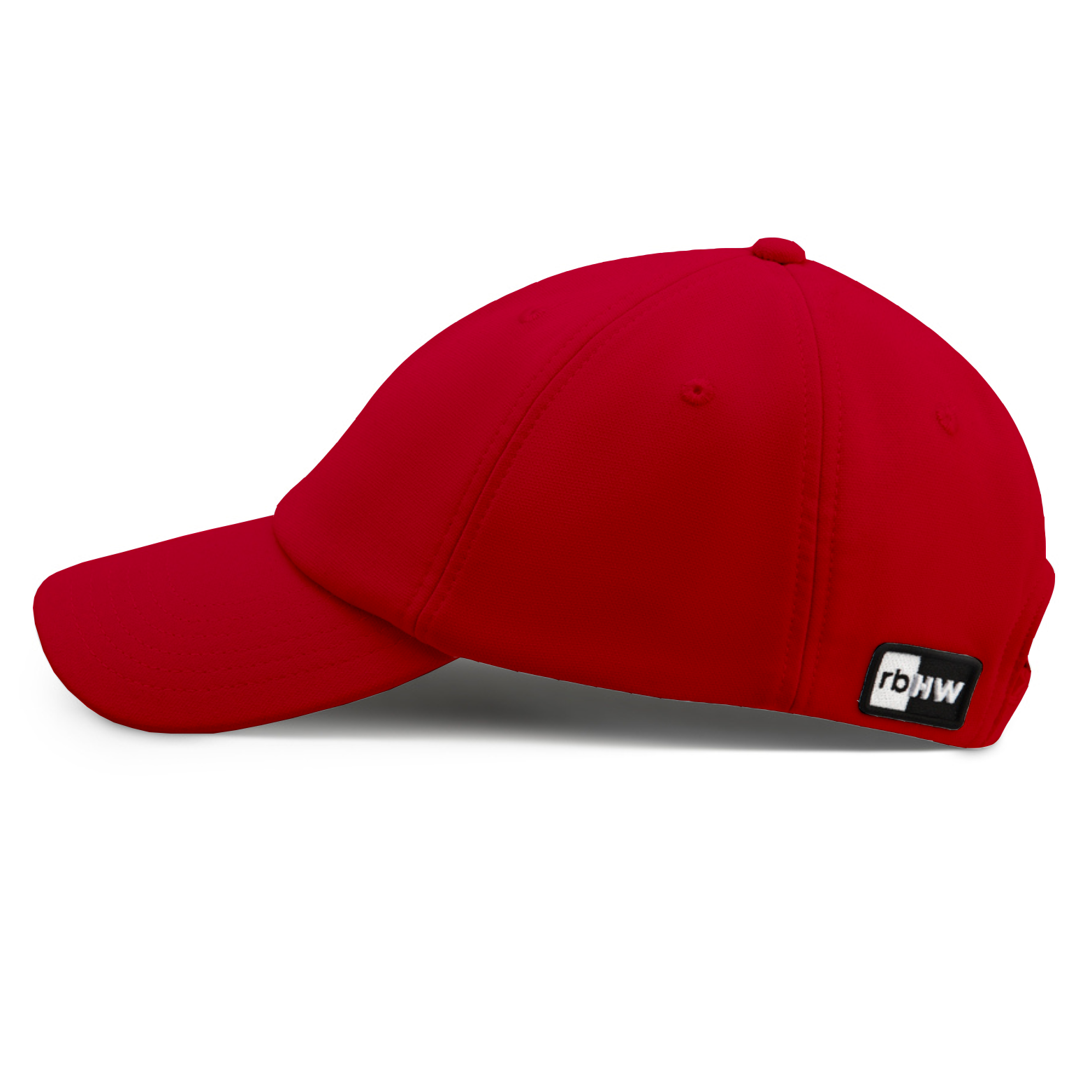 Side profile of the red Rosebloom HLO hat, showing its structured crown, bill, and closed crown.