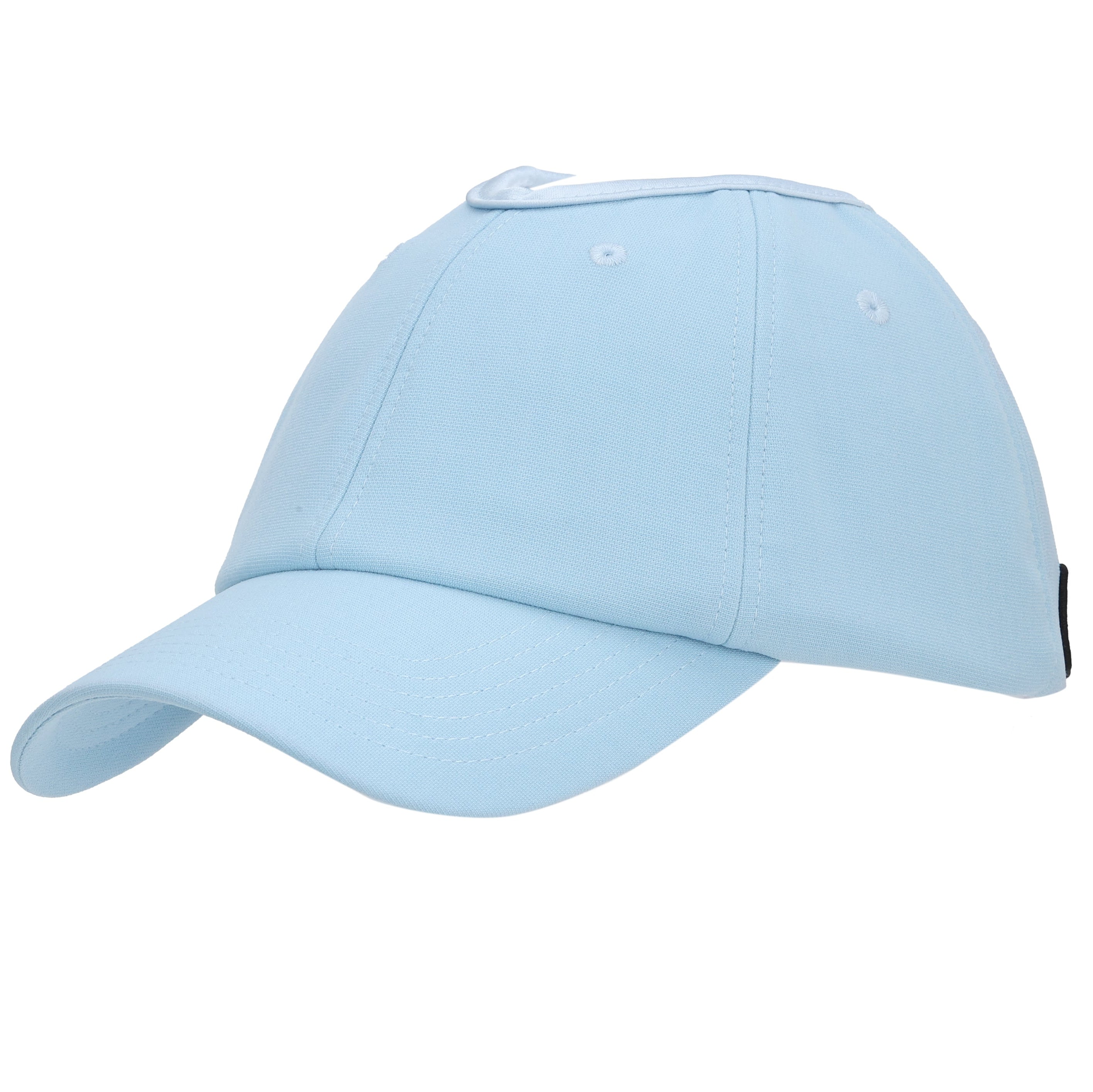 Baby blue Rosebloom JAX hat shown at an angle, featuring the COROLLA Hair+ fit and PETAL crown-height opening.