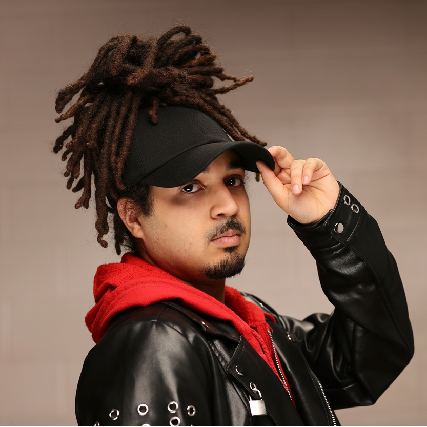 Portrait of a model wearing a black Rosebloom JAX with locs pulled through the top opening, styled with a red hoodie and black jacket against a warm studio background.