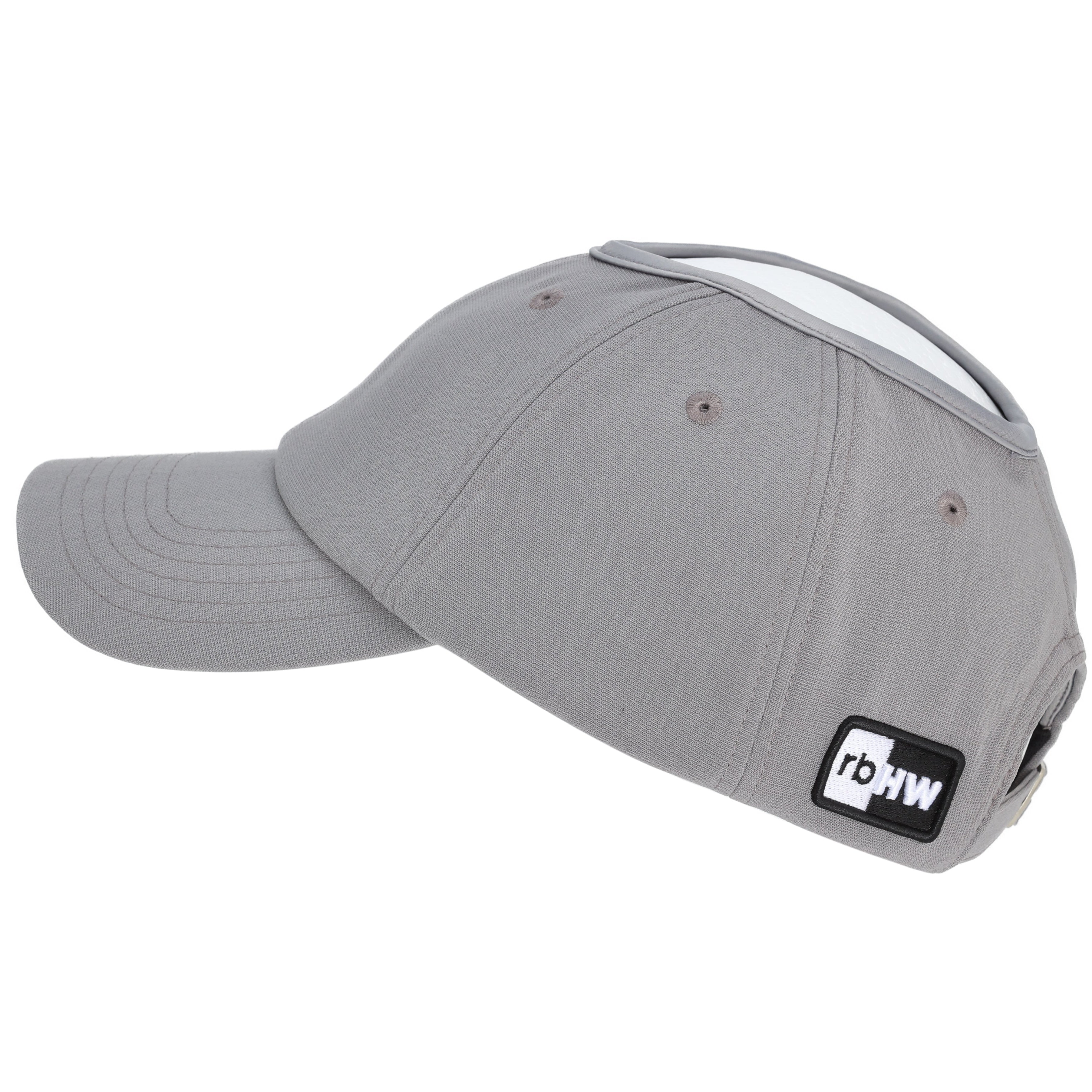 Side profile of the gray Rosebloom JAX hat, showing its structured crown, bill, and PETAL crown-height opening.