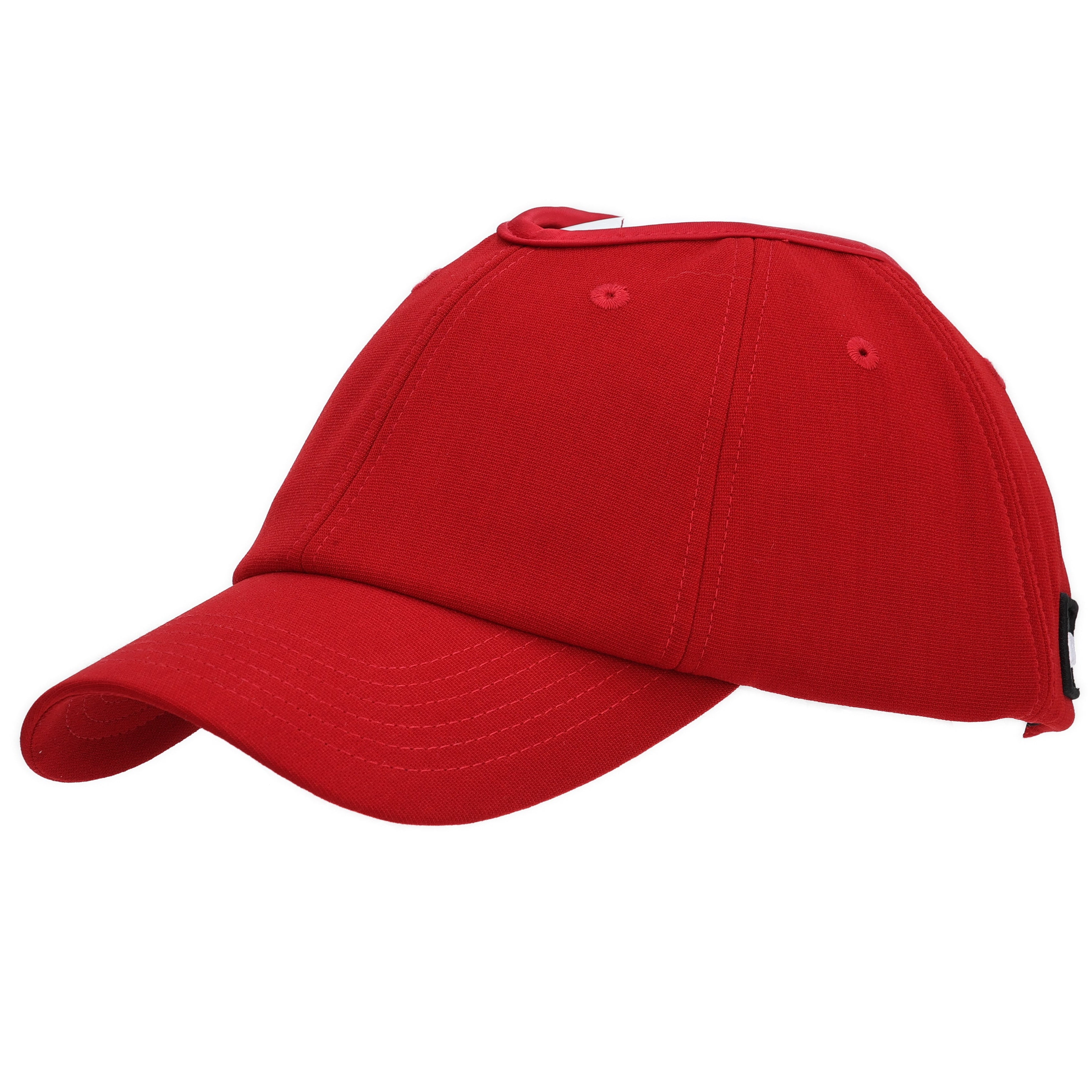 Red Rosebloom JAX hat shown at an angle, featuring the COROLLA Hair+ fit and PETAL crown-height opening.