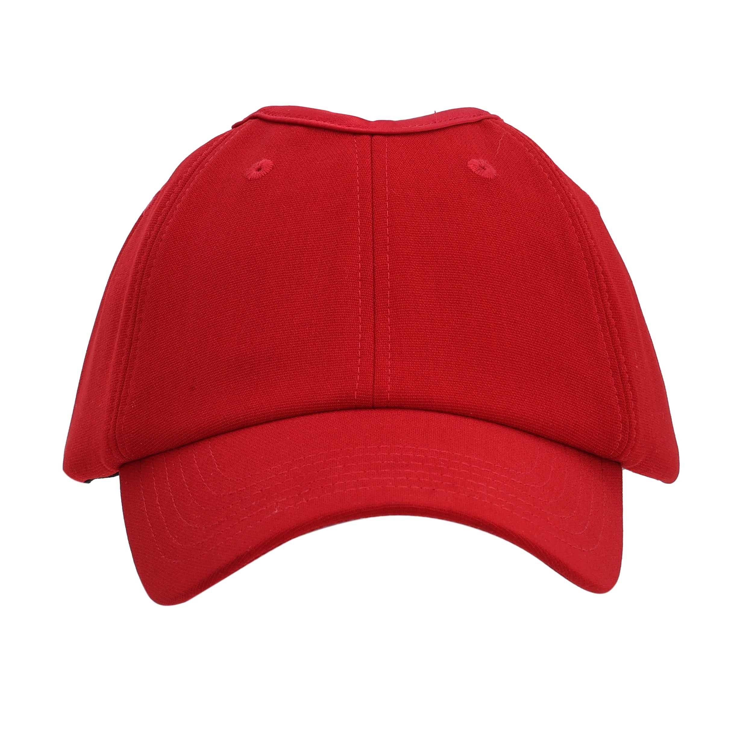 Front view of the red Rosebloom JAX hat with its structured crown and curved bill.