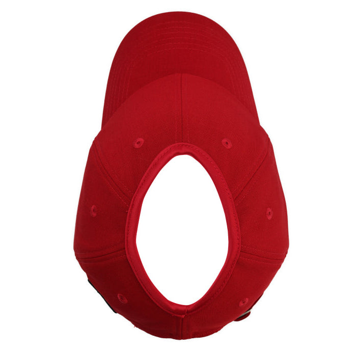 Rear view of the red Rosebloom JAX hat, showing the PETAL crown-height opening.