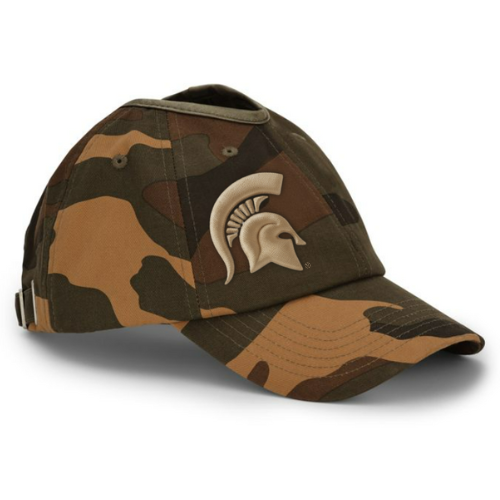 Front-left view of the Rosebloom Michigan State PNT high ponytail hat in camo, featuring the embroidered Spartan logo and crown opening for high ponytails.