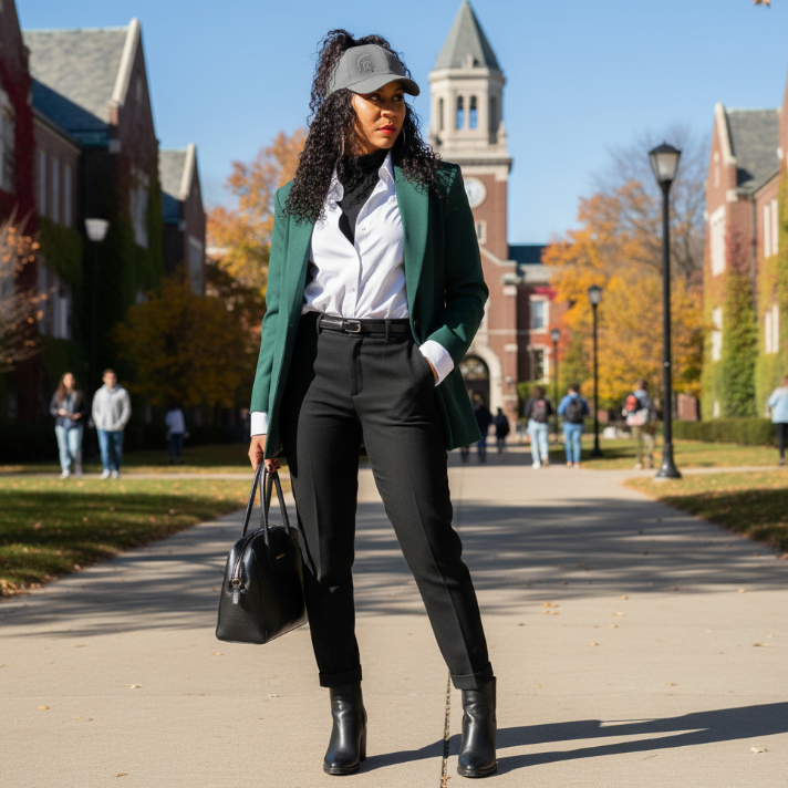 Full-length lifestyle image of a model wearing the gray Rosebloom Michigan State LAZ with an embroidered Spartan logo, styled with curly hair through the crown opening on campus.