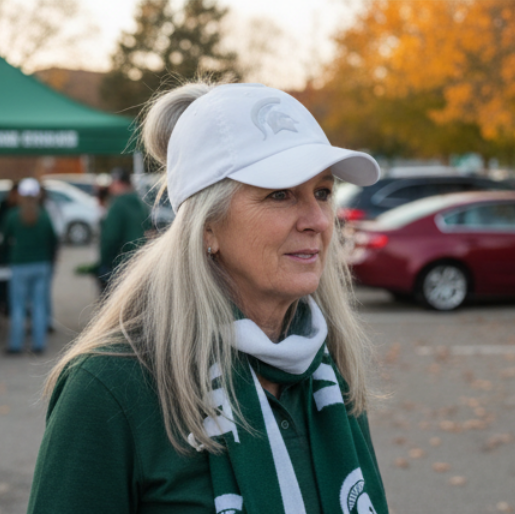 Lifestyle portrait of a fan wearing the white Rosebloom Michigan State PNT high ponytail hat with an embroidered Spartan logo, styled outdoors in game day apparel.