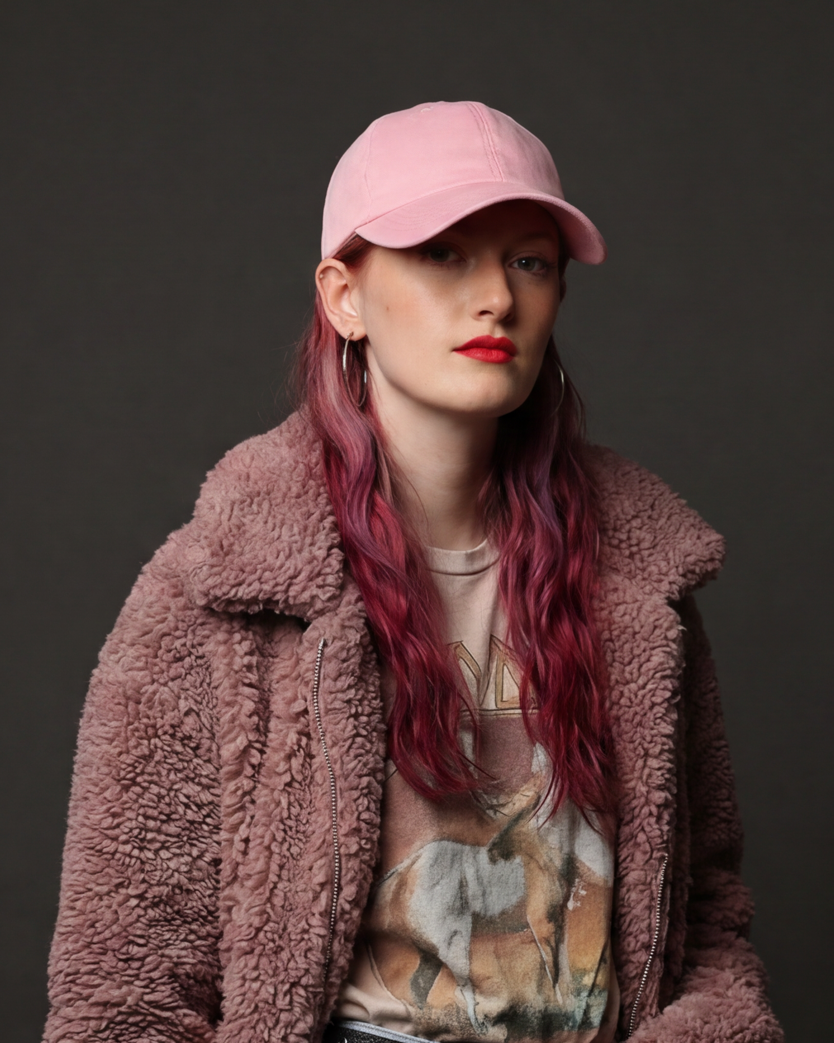 Portrait of a model wearing a pink Rosebloom Compassion Cap, styled with a textured mauve jacket in a studio fashion image.