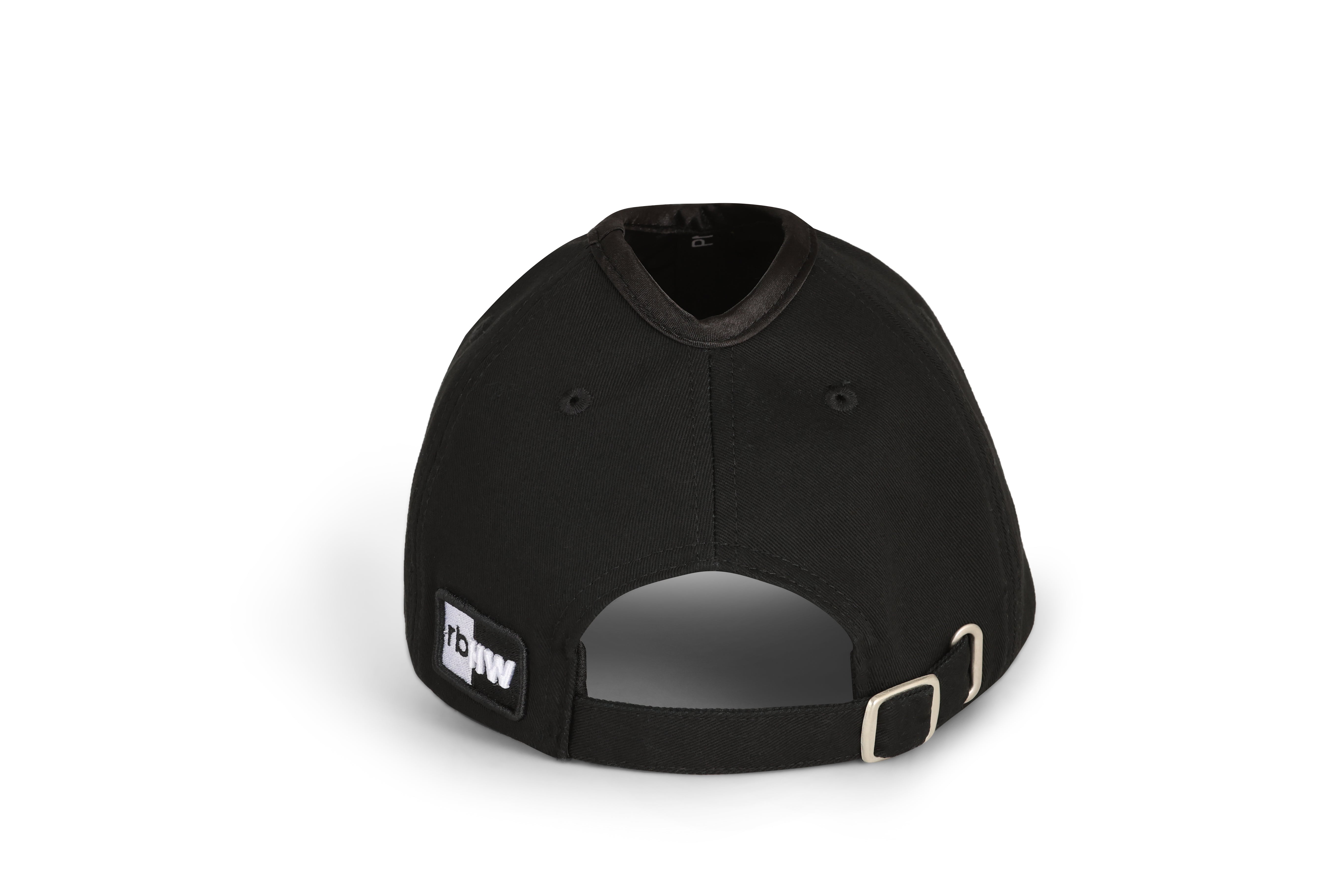 Back view of black Rosebloom PNT ponytail hat with crown opening
