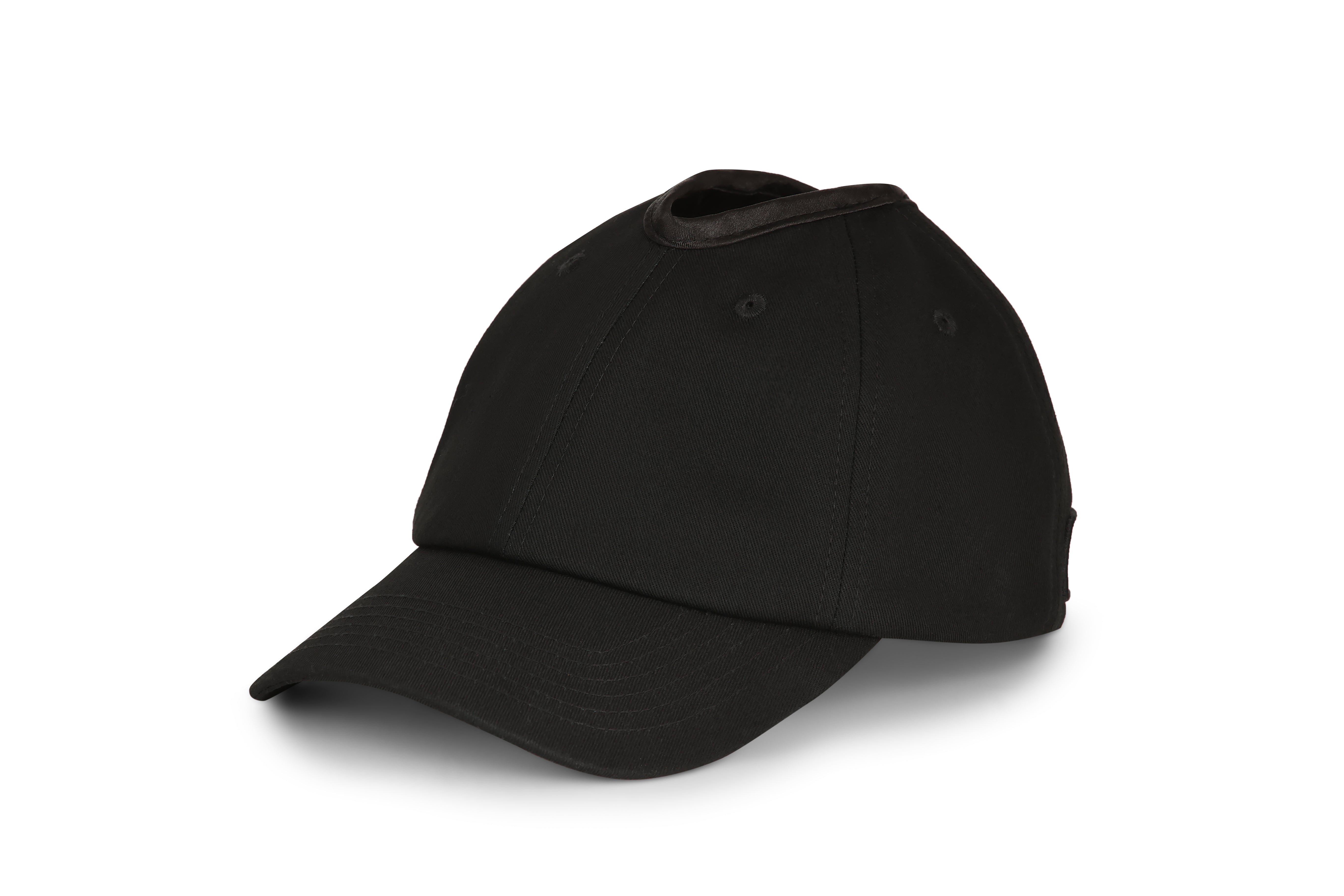 Front-left view of black Rosebloom PNT ponytail hat
