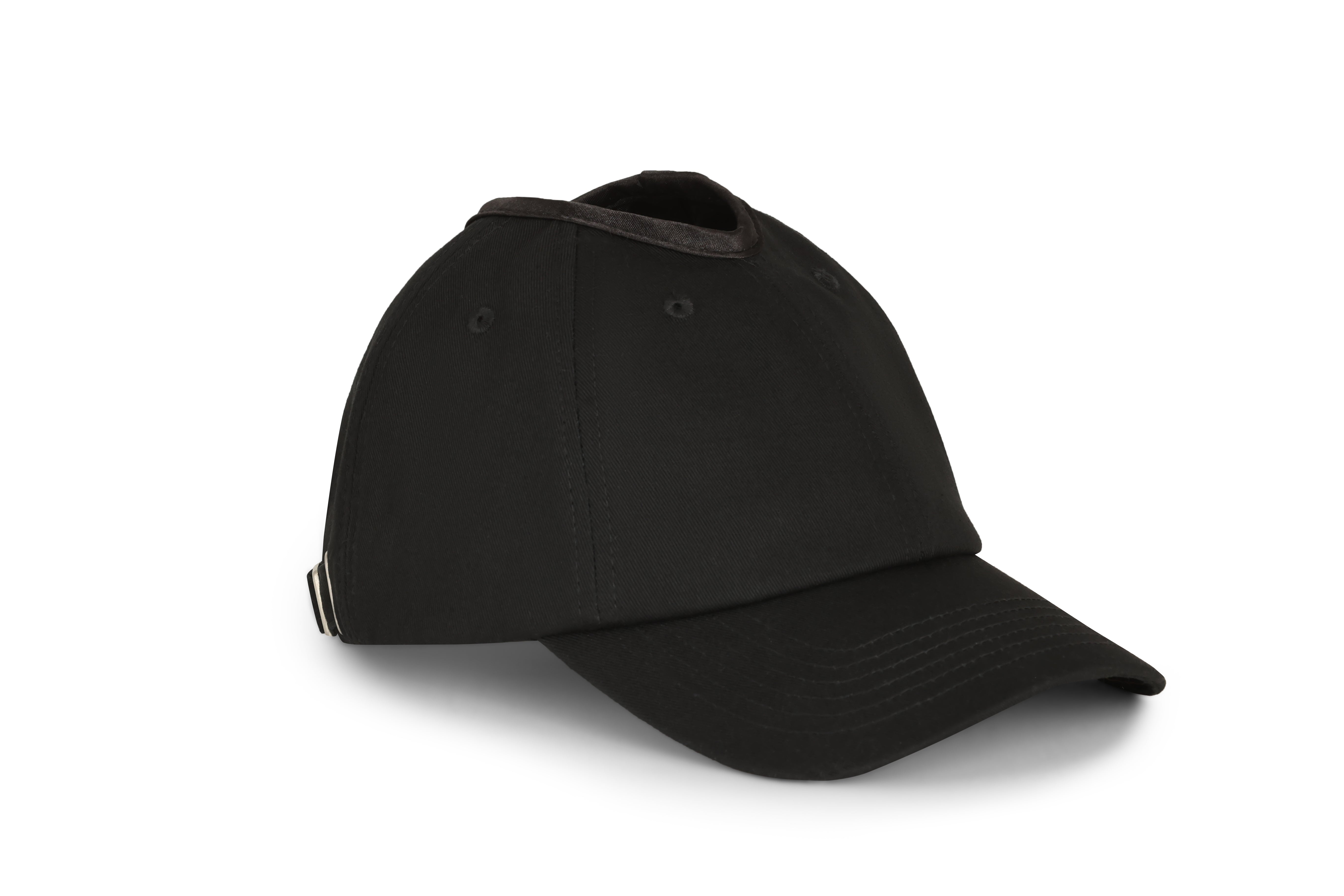 Front-right view of black Rosebloom PNT ponytail hat
