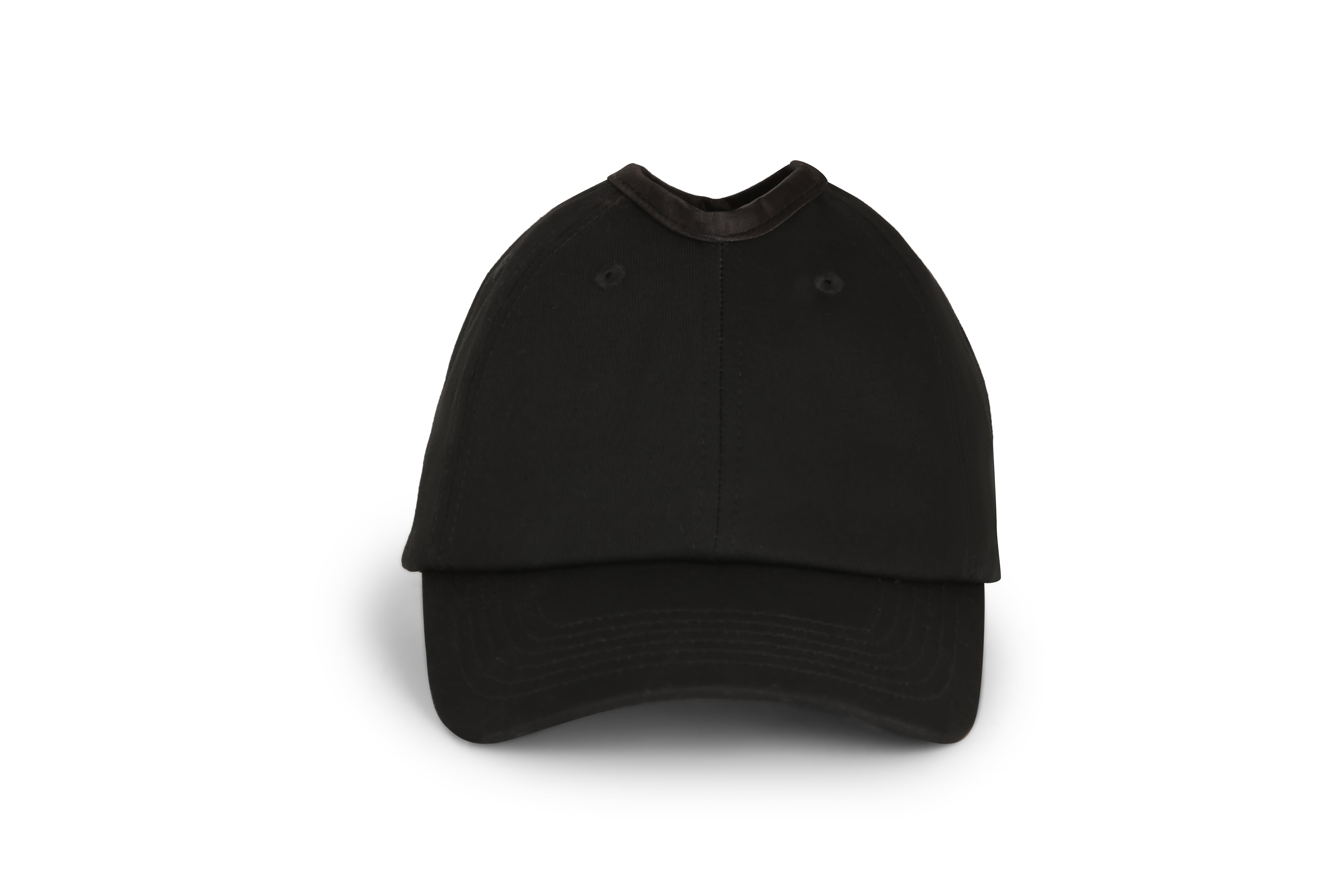 Front view of black Rosebloom PNT ponytail hat
