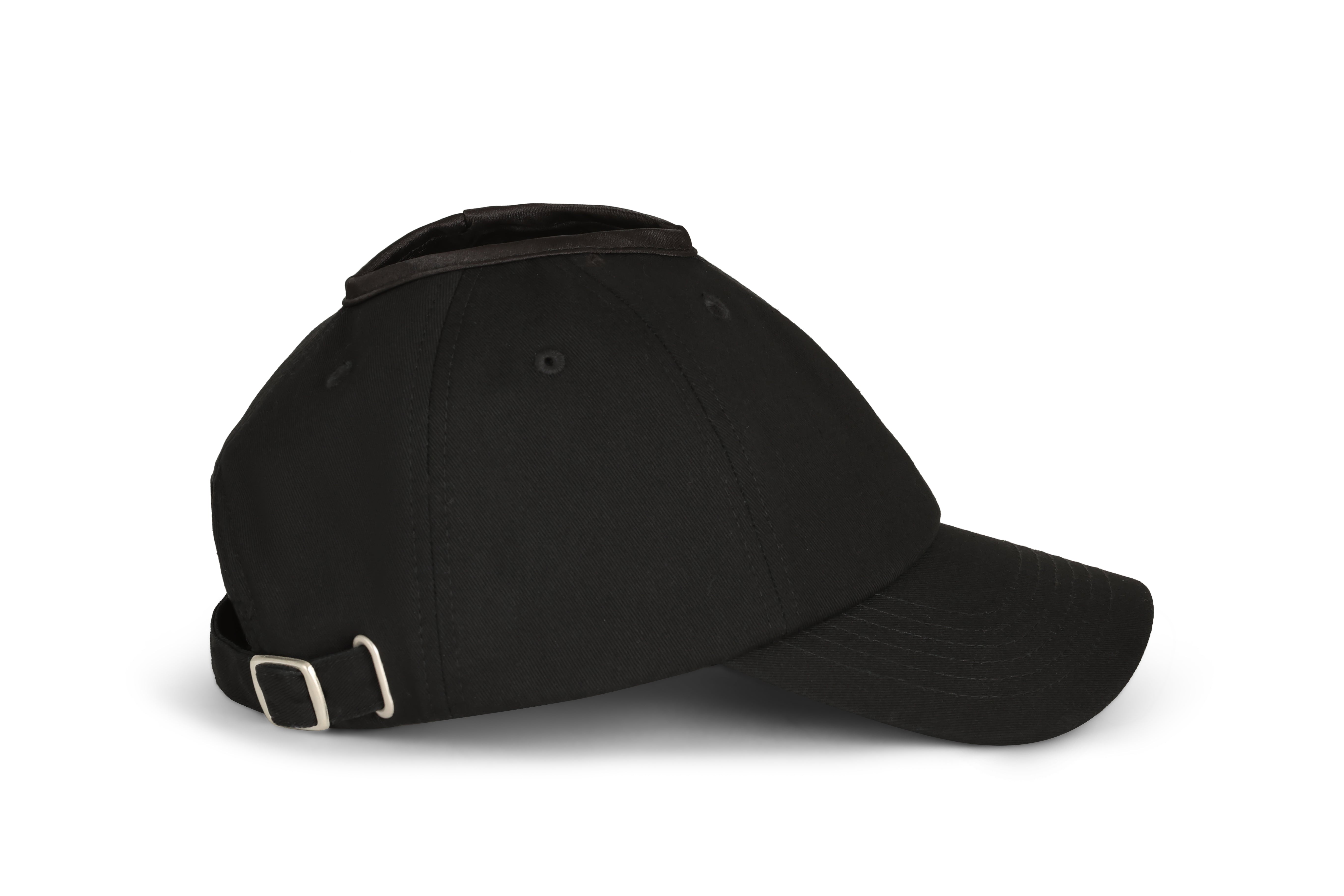 Side profile of black Rosebloom PNT ponytail hat
