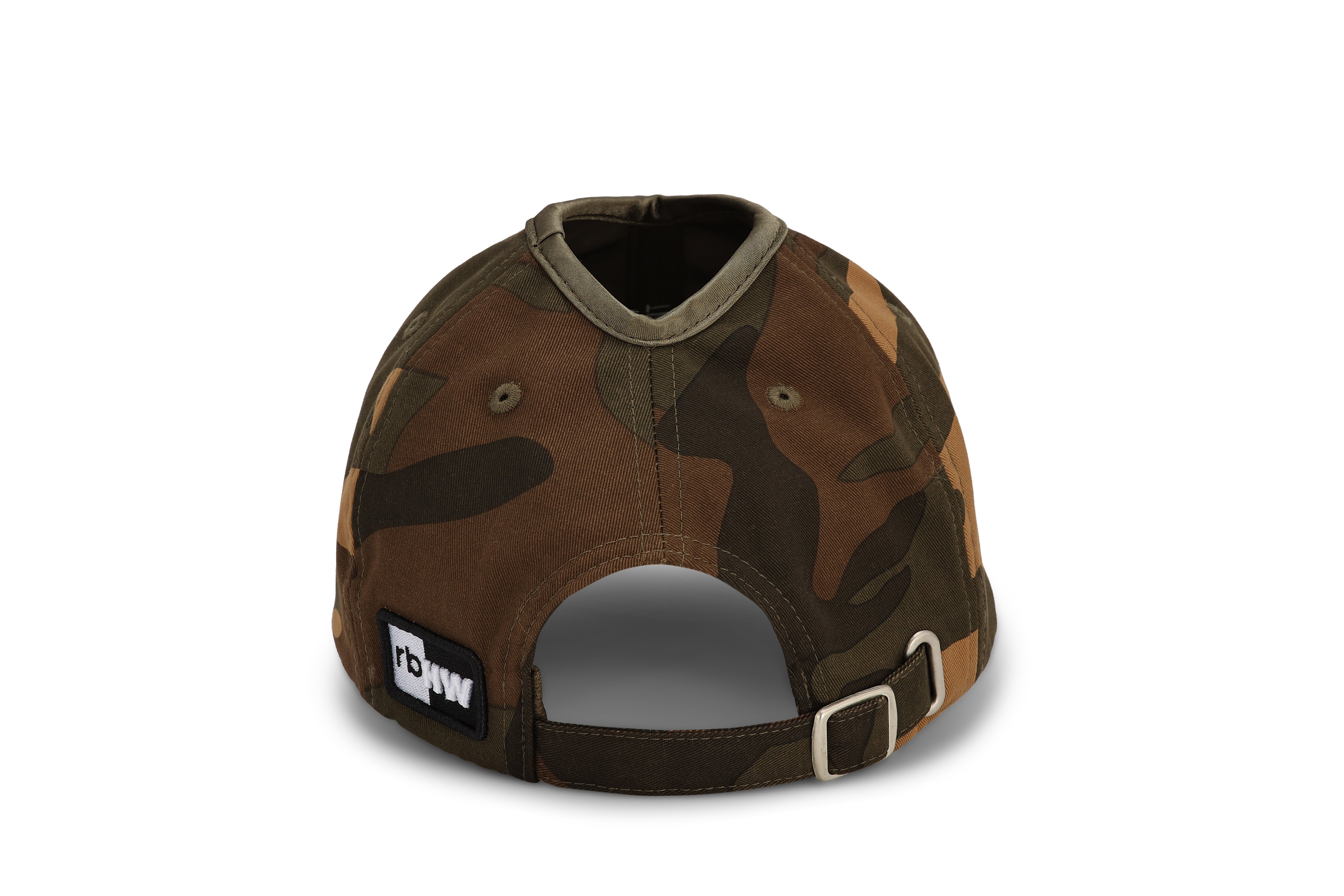 Back view of camo Rosebloom PNT ponytail hat with crown opening
