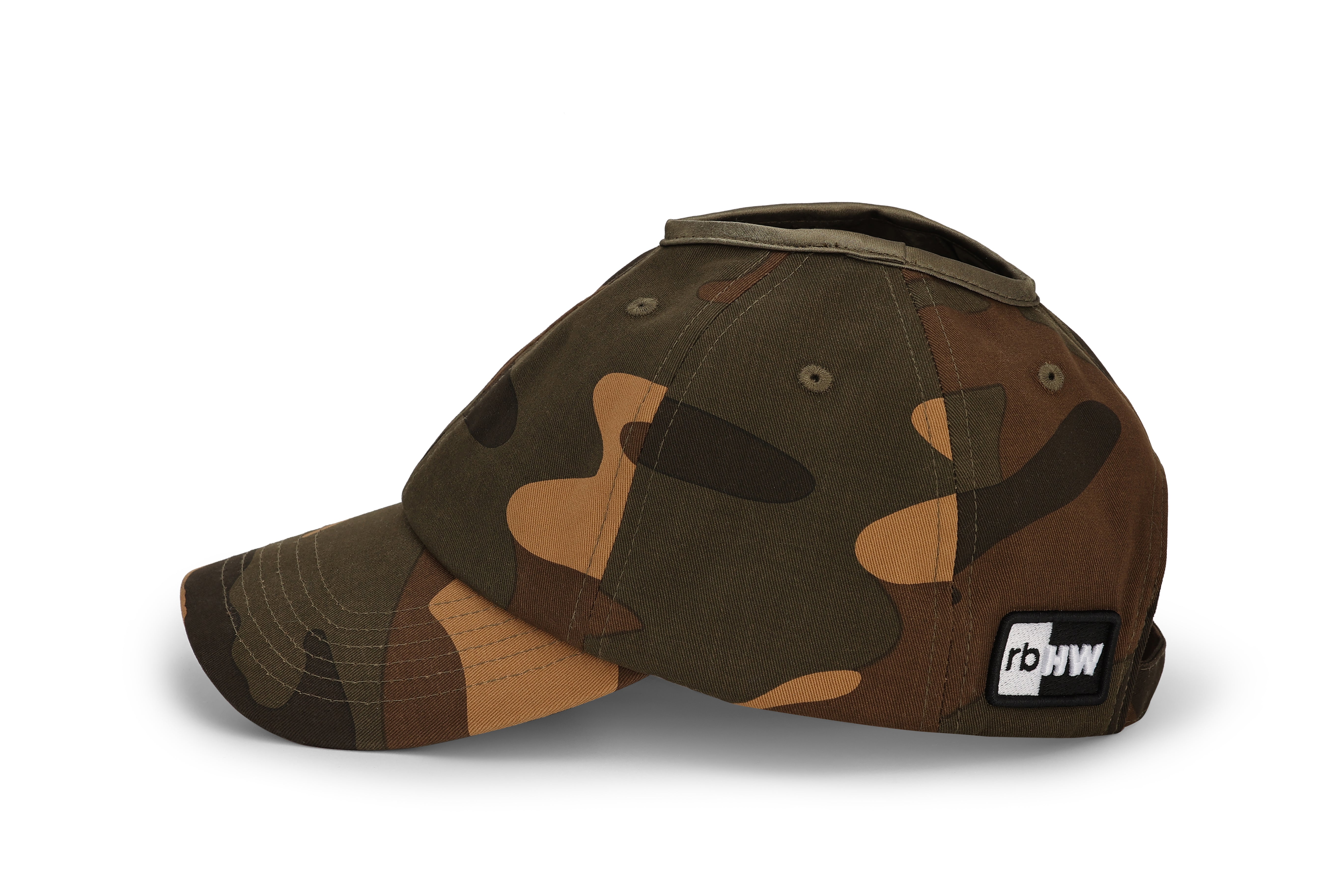 Side view of camo Rosebloom PNT ponytail hat with Rosebloom logo patch
