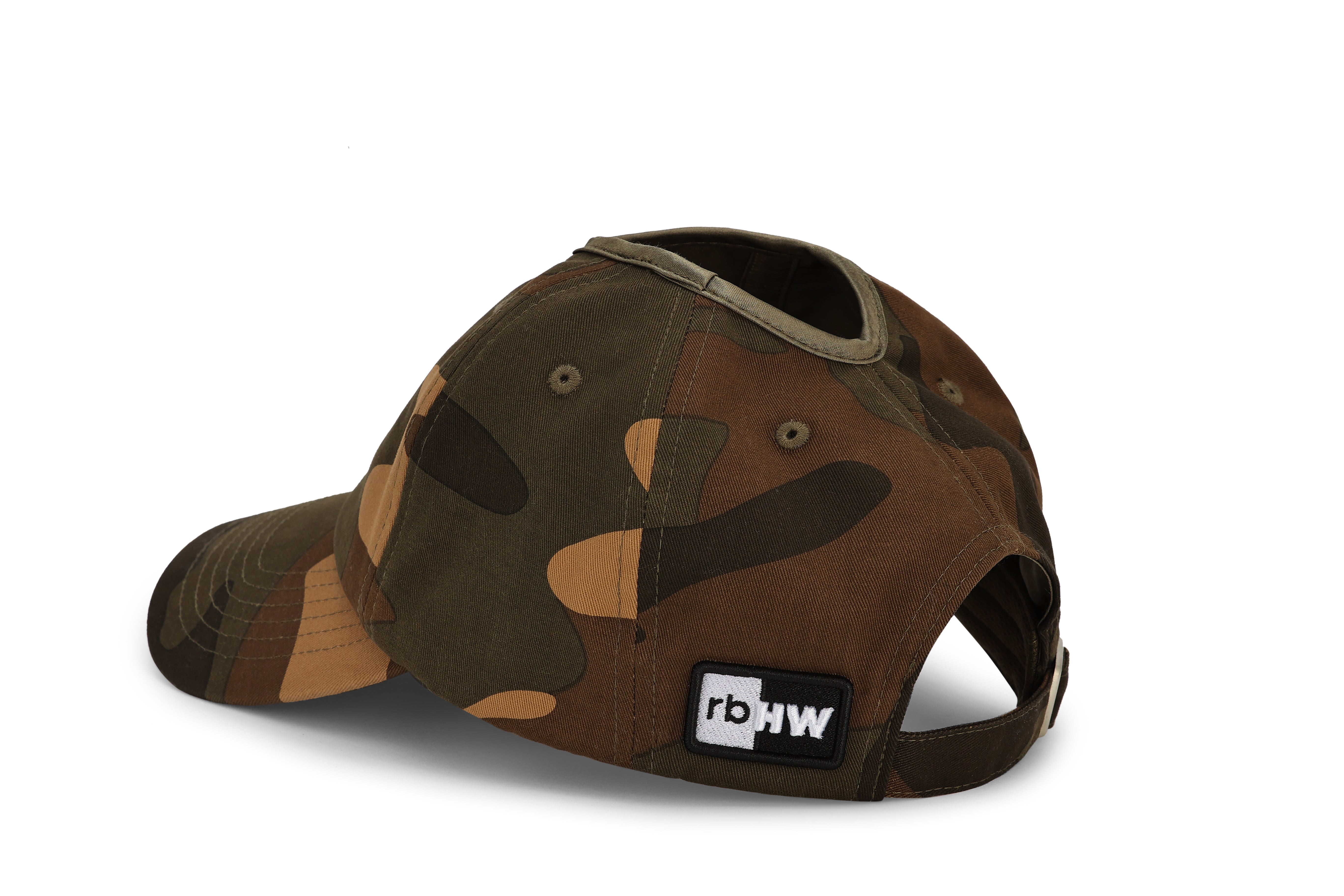 Side view of camo Rosebloom PNT ponytail hat with Rosebloom logo patch
