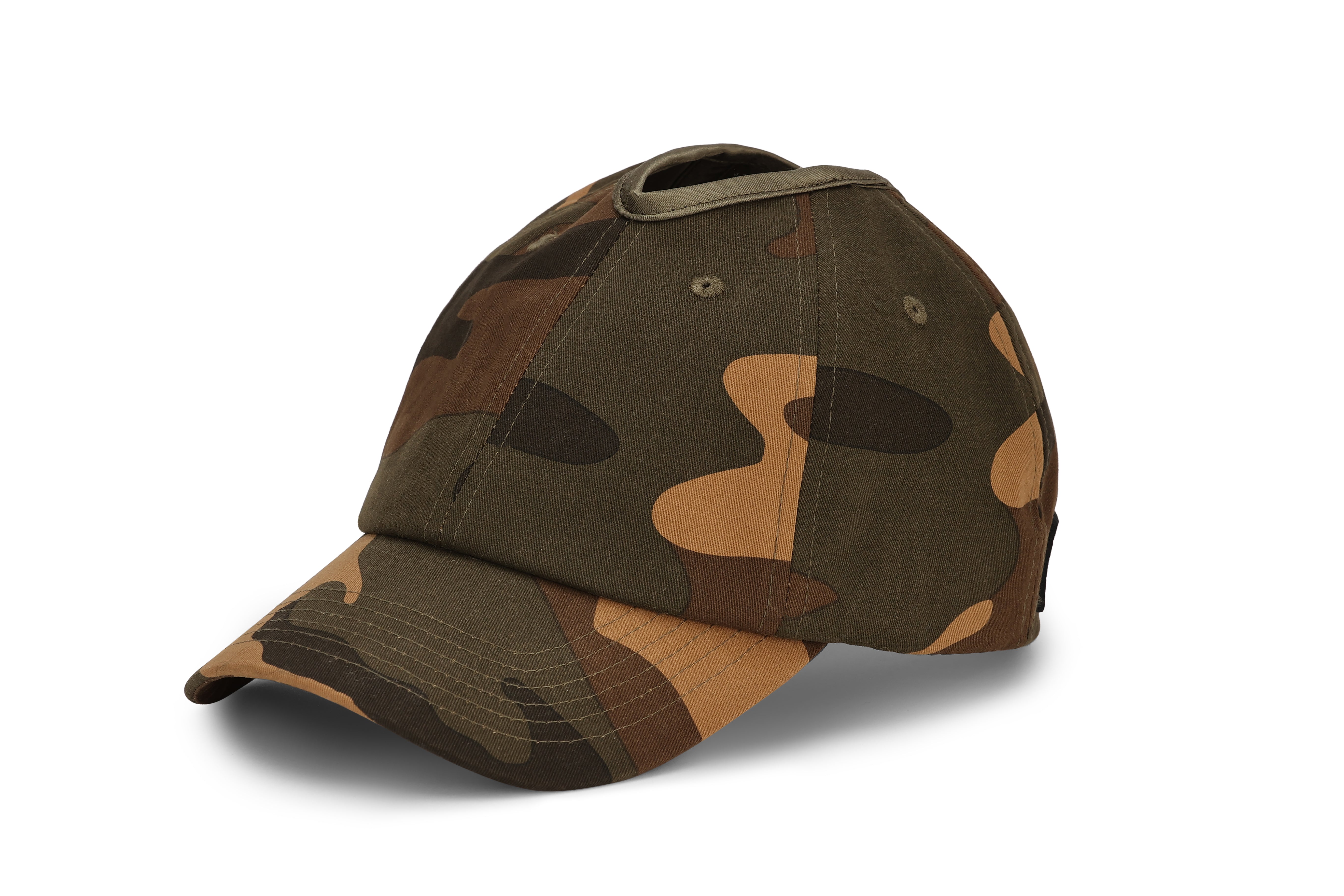 Front-left view of camo Rosebloom PNT ponytail hat
