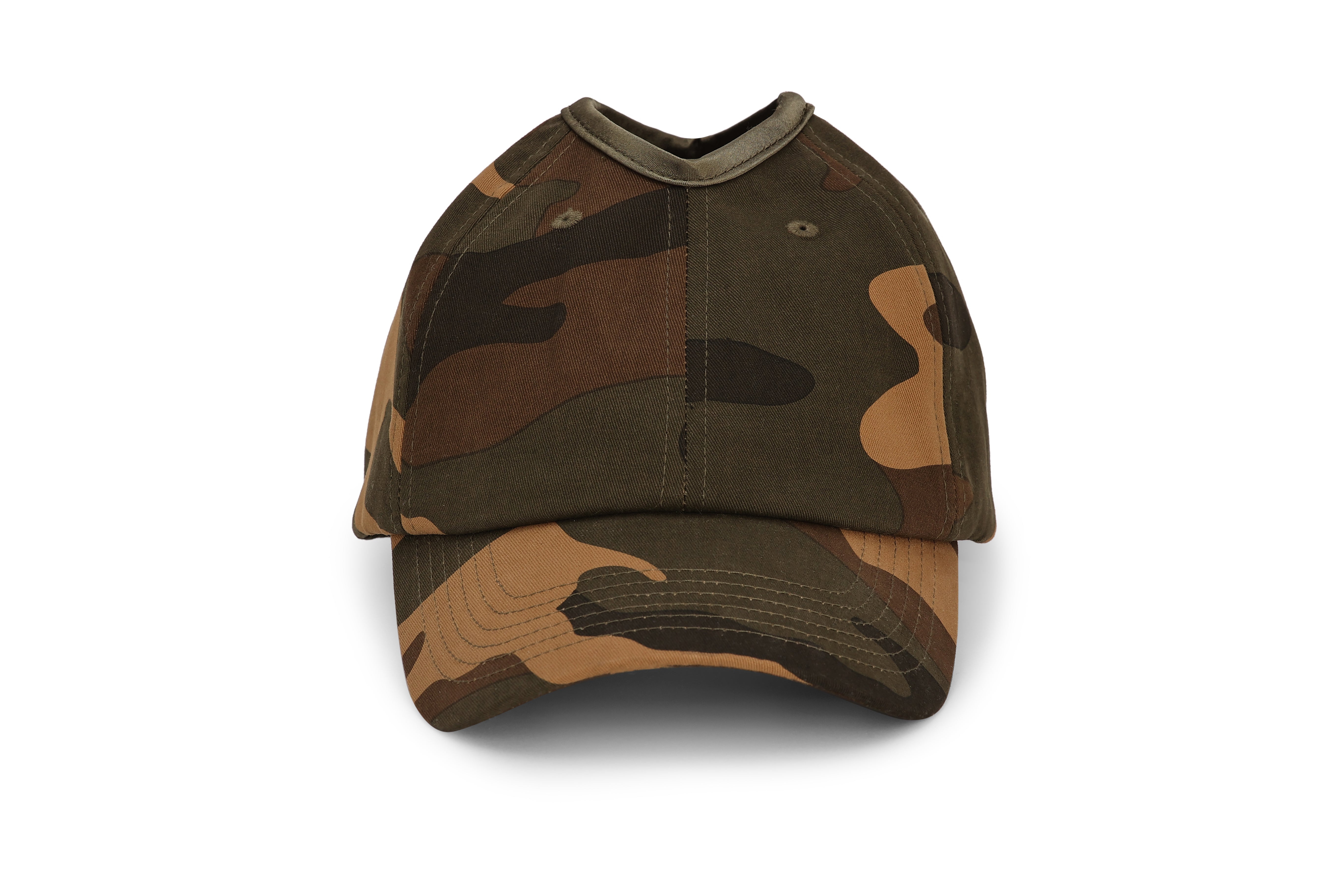 Front view of camo Rosebloom PNT ponytail hat
