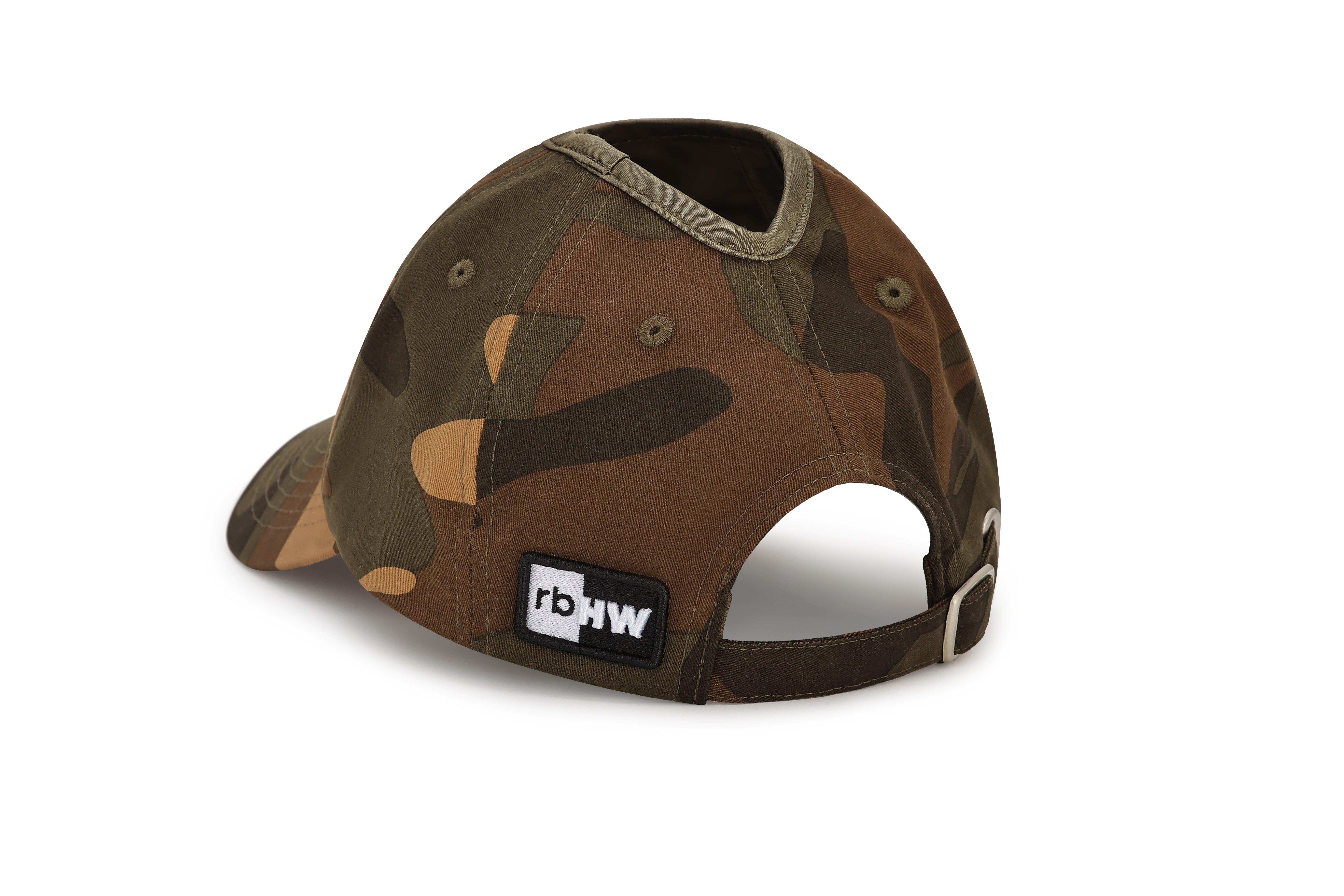 Camo Rosebloom PNT ponytail hat shown from the back-left angle with crown opening
