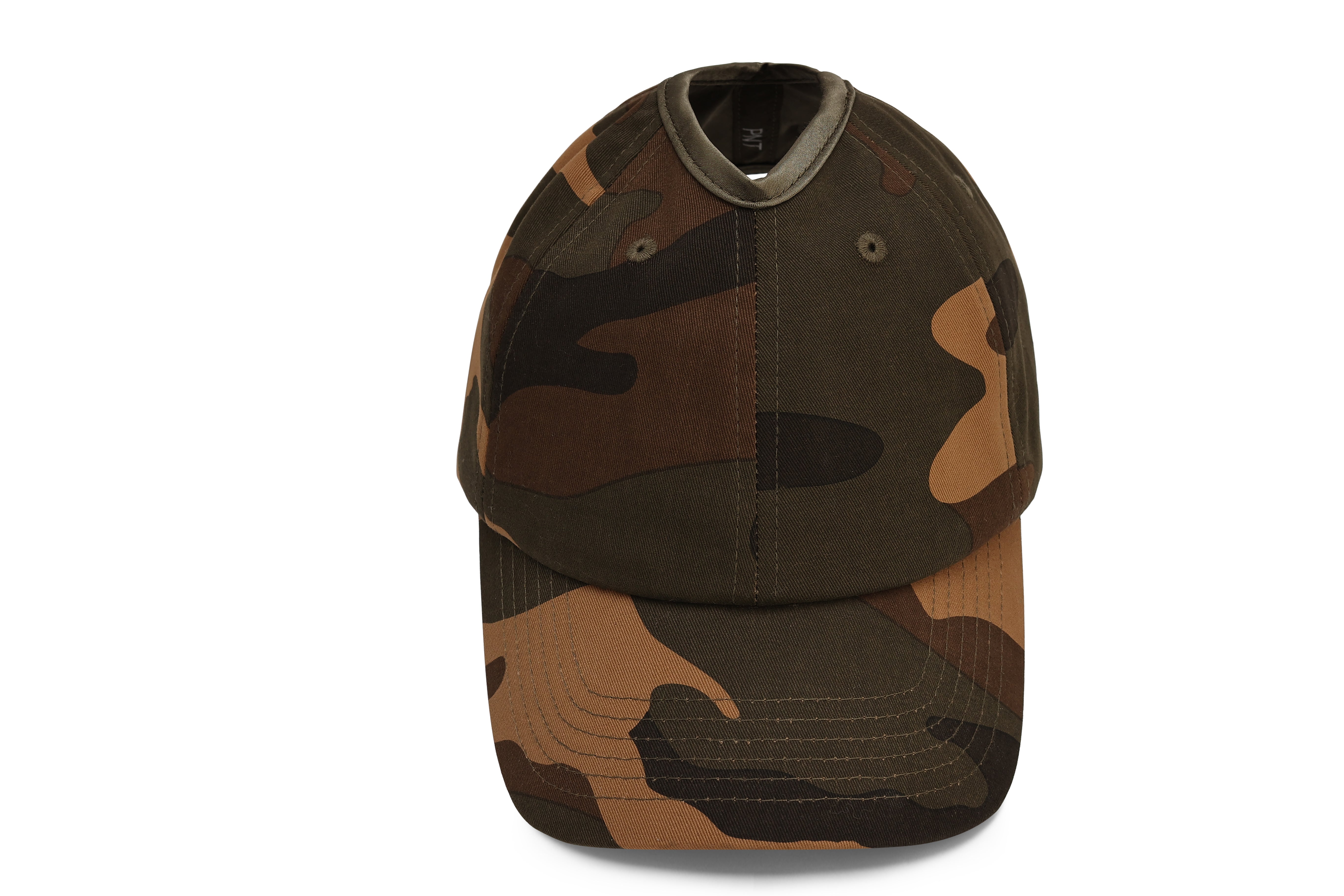 Front view of camo Rosebloom PNT ponytail hat highlighting the crown opening