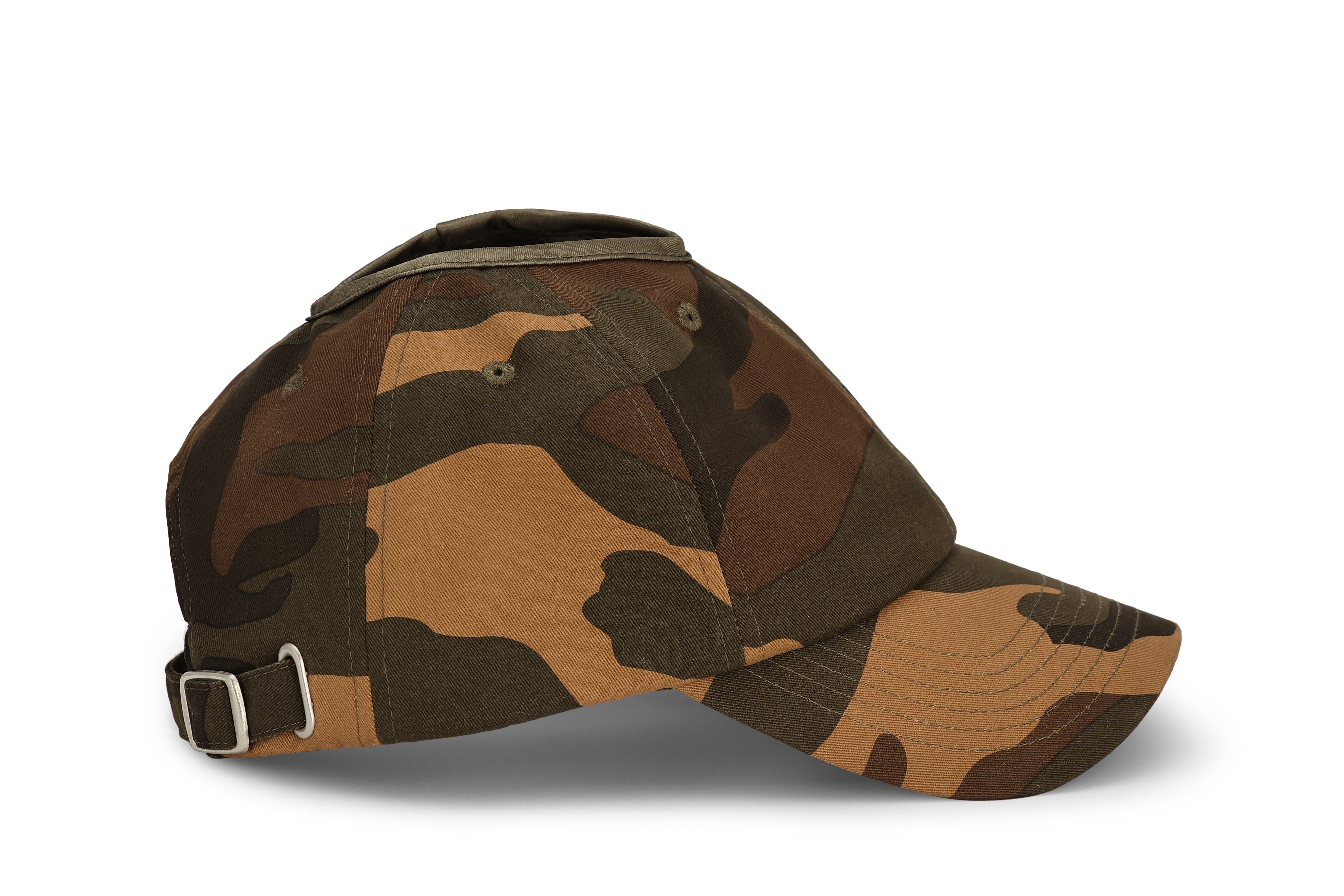Side angle view of camo Rosebloom PNT ponytail hat

