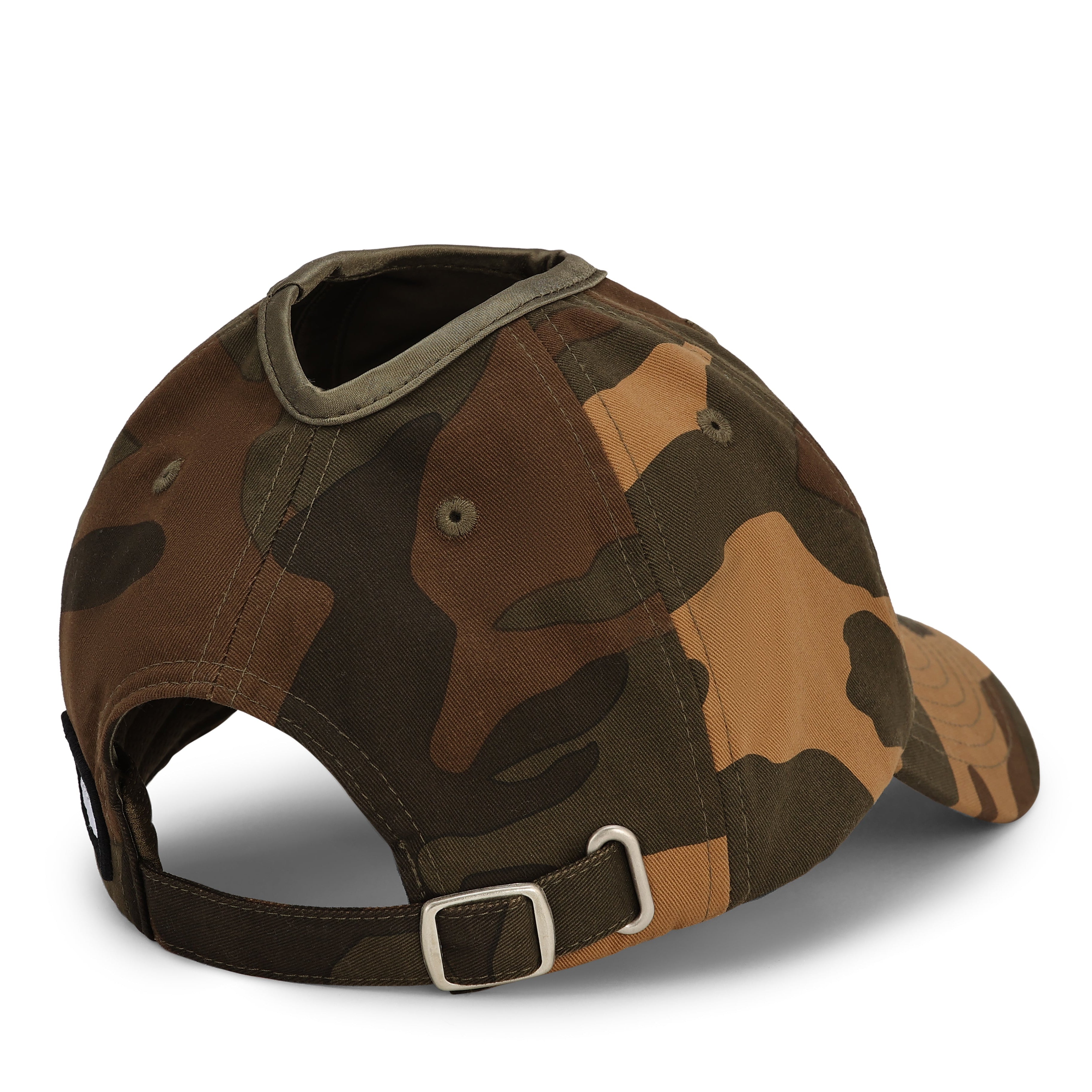 Side view of camo Rosebloom PNT ponytail hat with back opening visible
