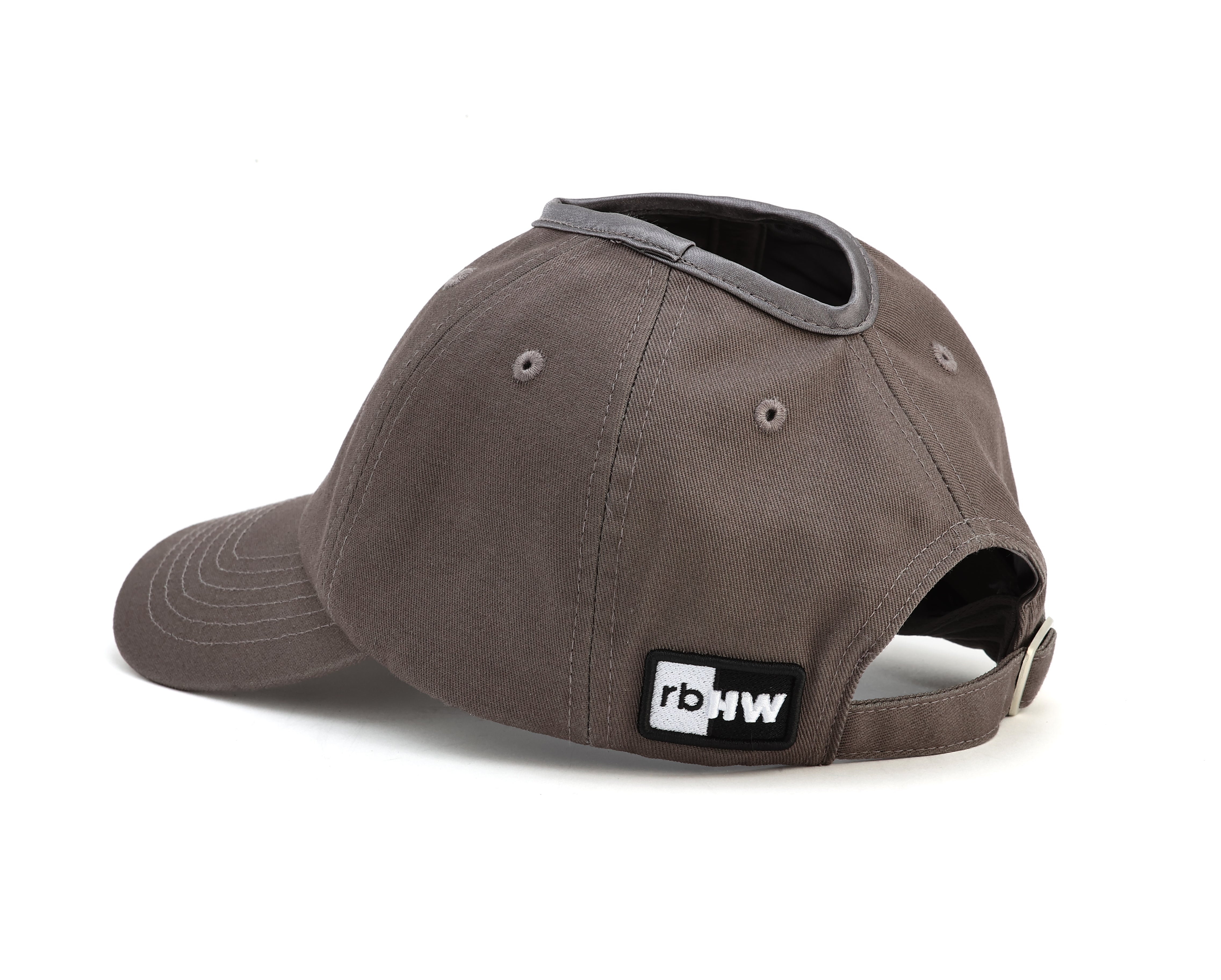 Front view of gray Rosebloom PNT ponytail hat