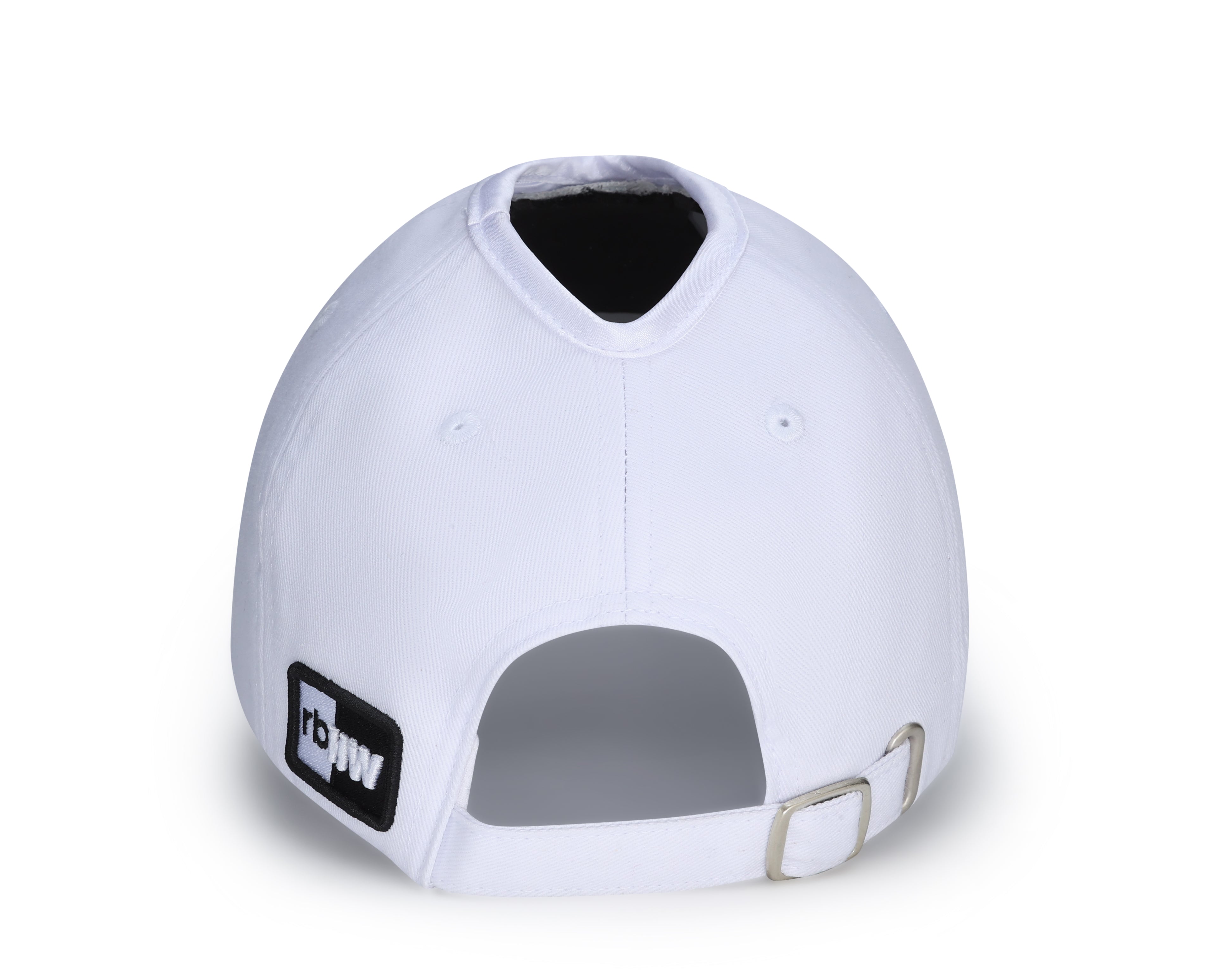 Back view of white Rosebloom PNT ponytail hat with crown opening
