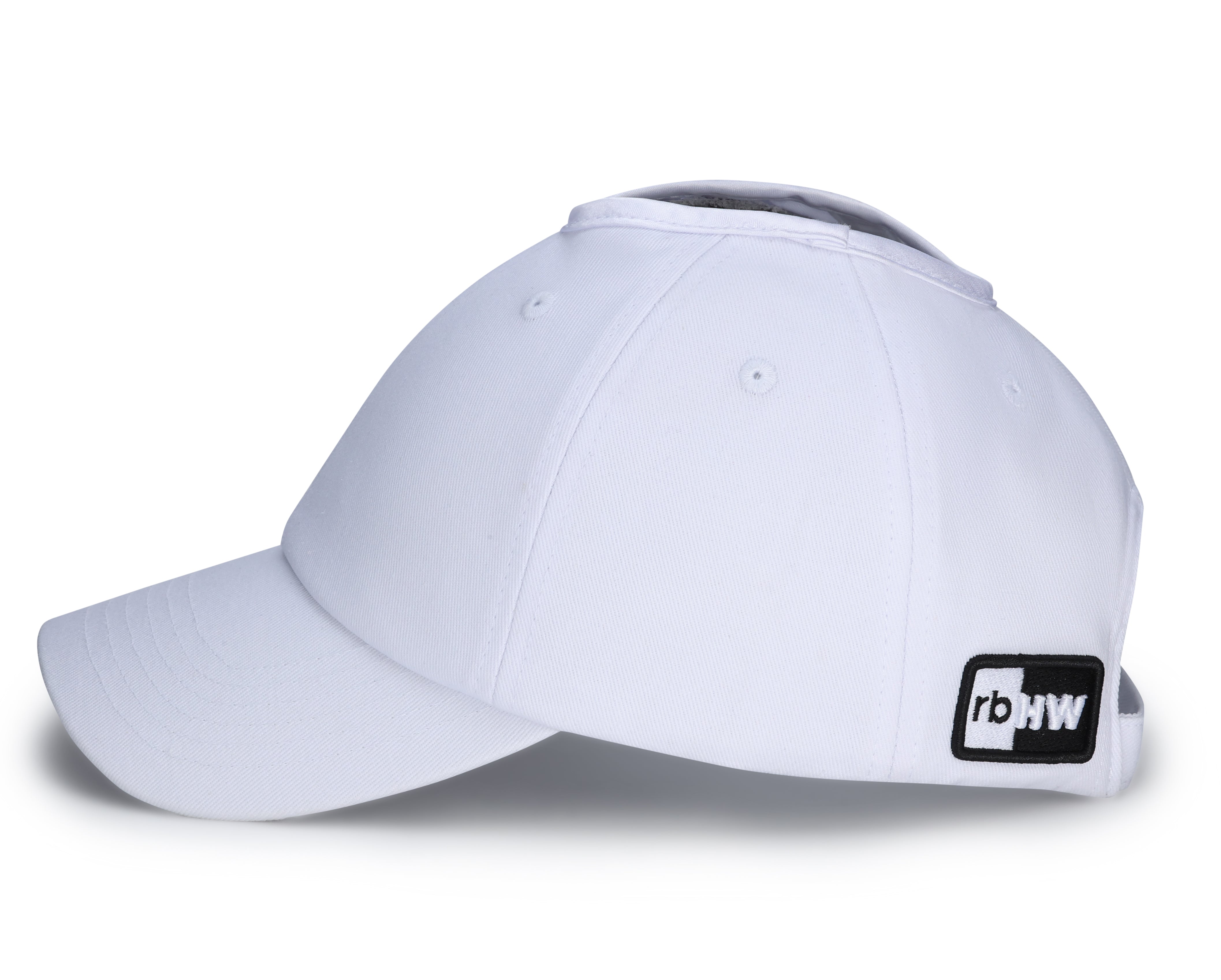 Side view of white Rosebloom PNT ponytail hat with Rosebloom logo patch
