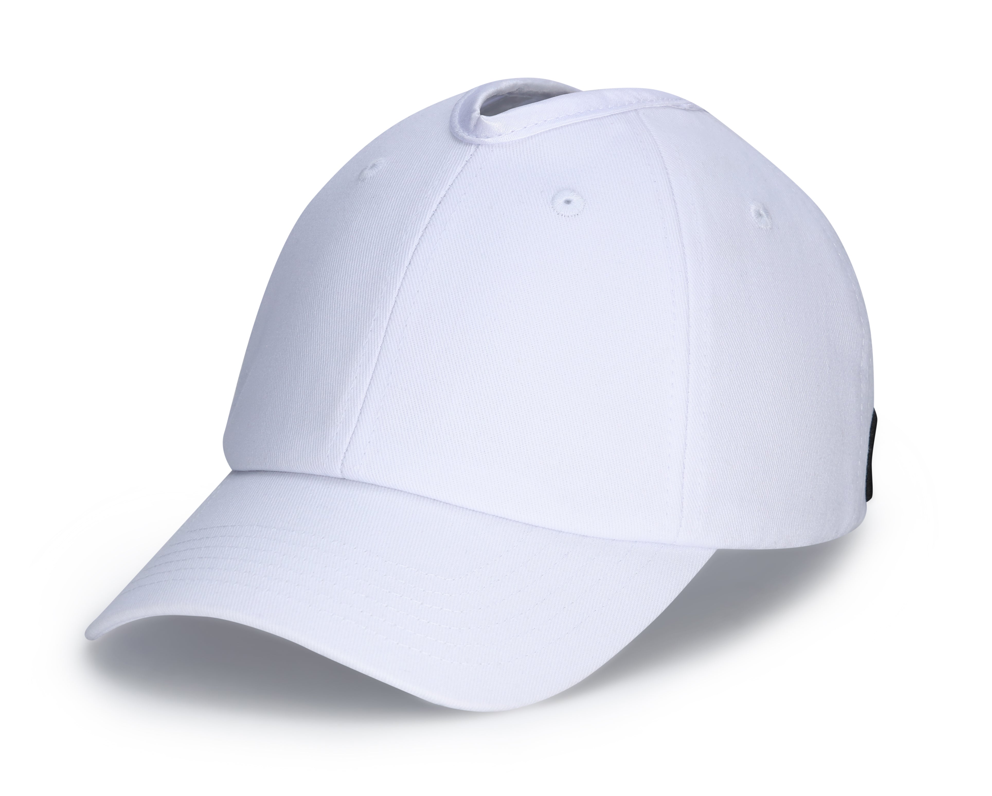 Front-left view of white Rosebloom PNT ponytail hat