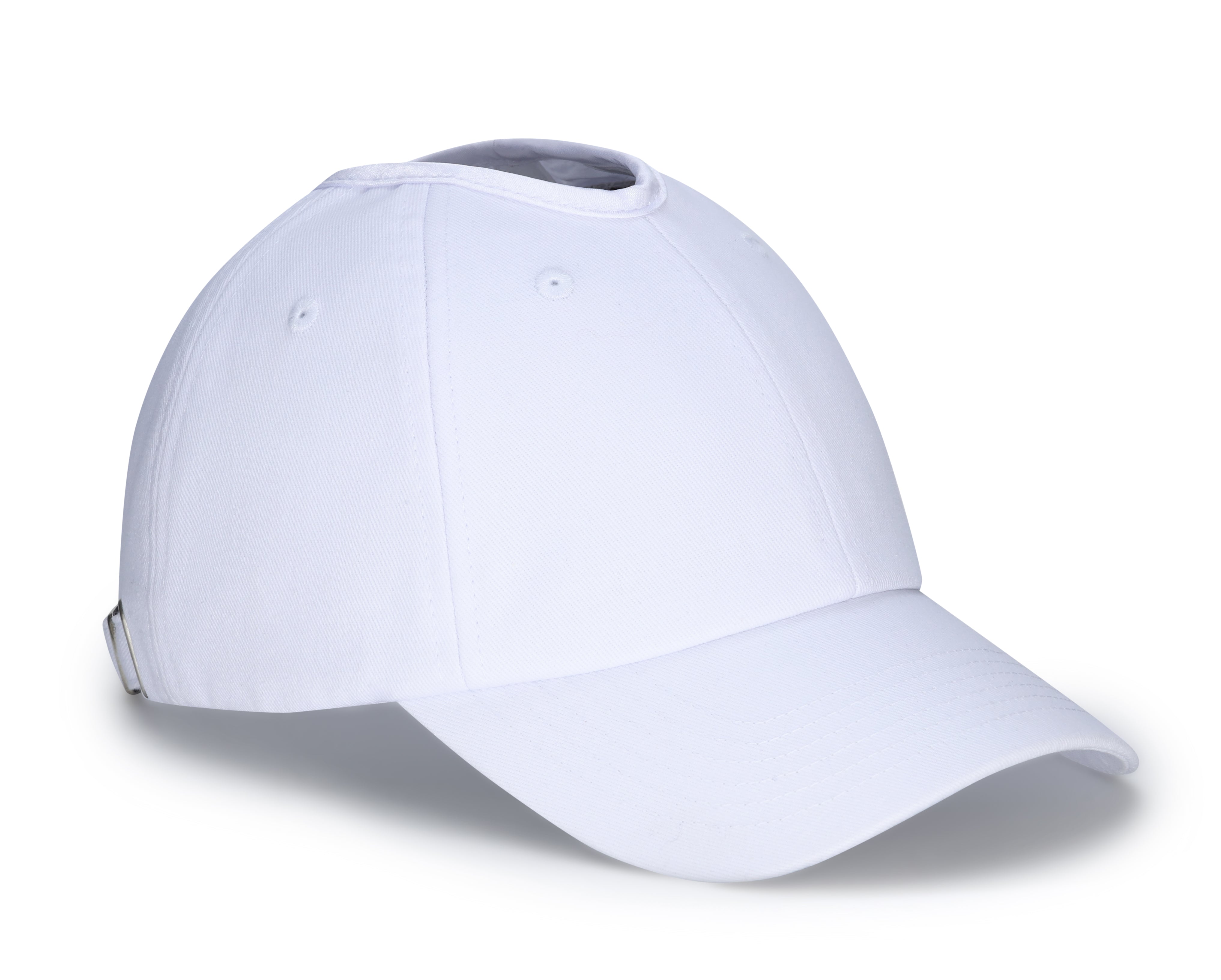 Front-right view of white Rosebloom PNT ponytail hat